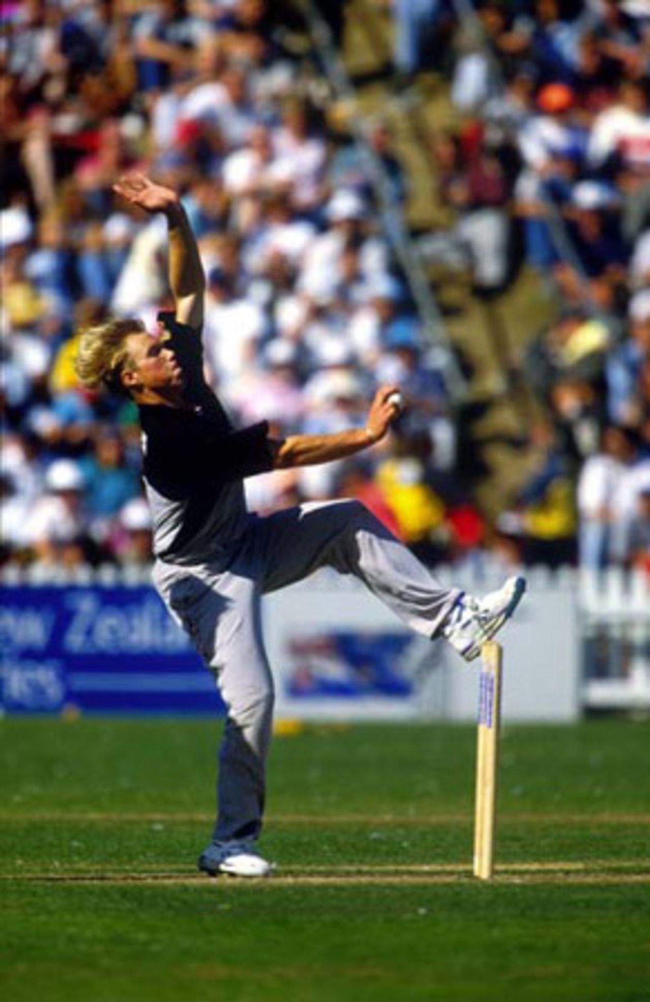 New Zealand bowler Jeff Wilson delivers a ball. 3rd ODI: New Zealand v Australia at Basin Reserve, Wellington, 24 March 1993.