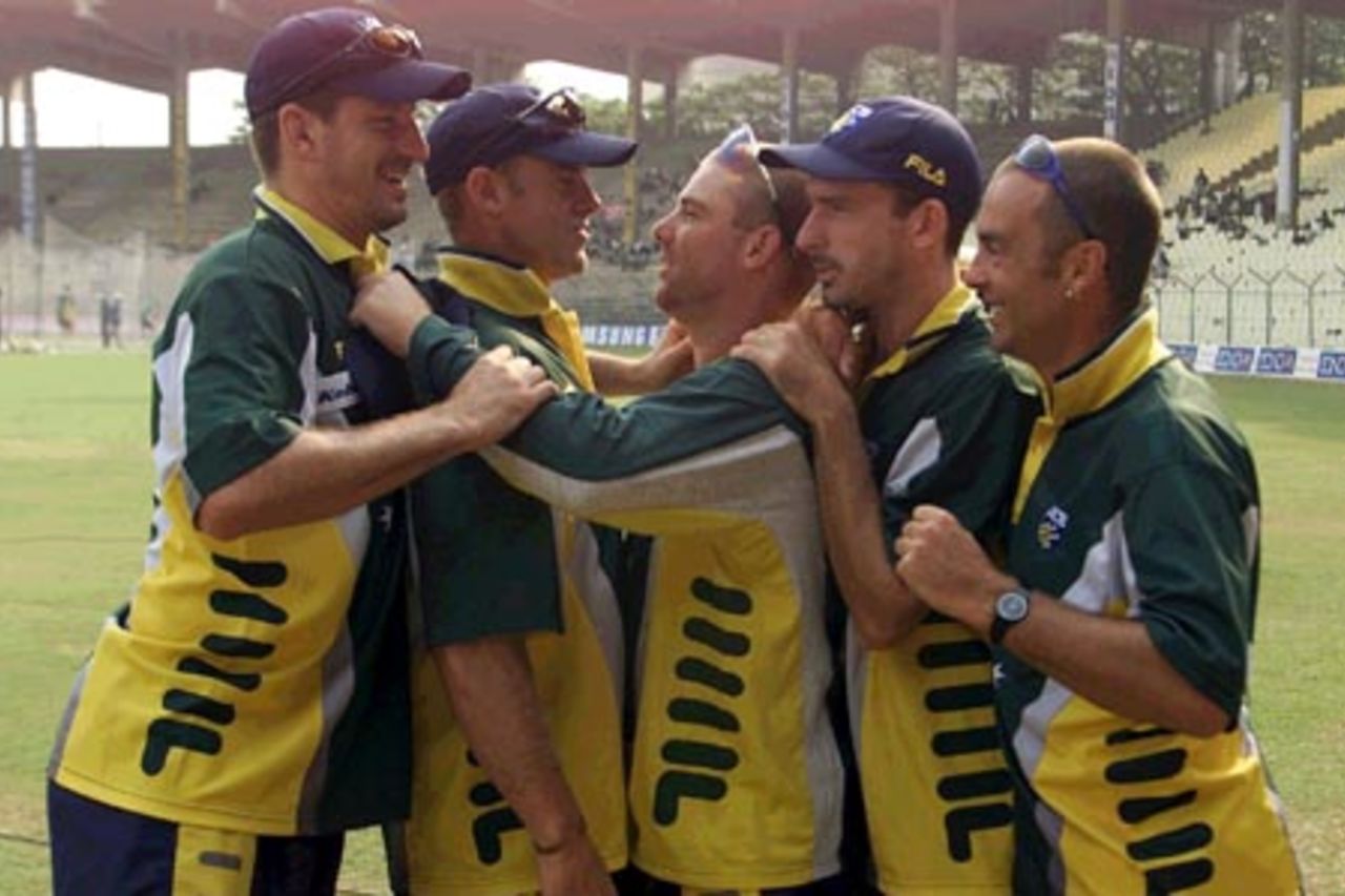 22 Mar 2001: Australian cricketers (l - r) Michael Kasprowicz and Matthew Hayden of Queensland and Shane Warne, Damien Fleming and Colin Miller of Victoria, square up ahead of the Pura Cup final bewteen the two states, before day five of the third test between India and Australia at the M.A. Chidambaram Stadium, Chennai, India.
