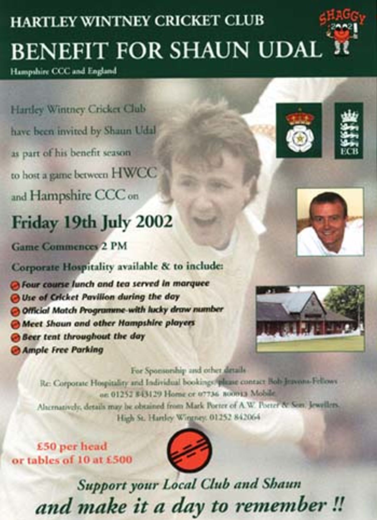 Flyer for Shaun Udal's Benefit match at Hartley Wintney on 19th July