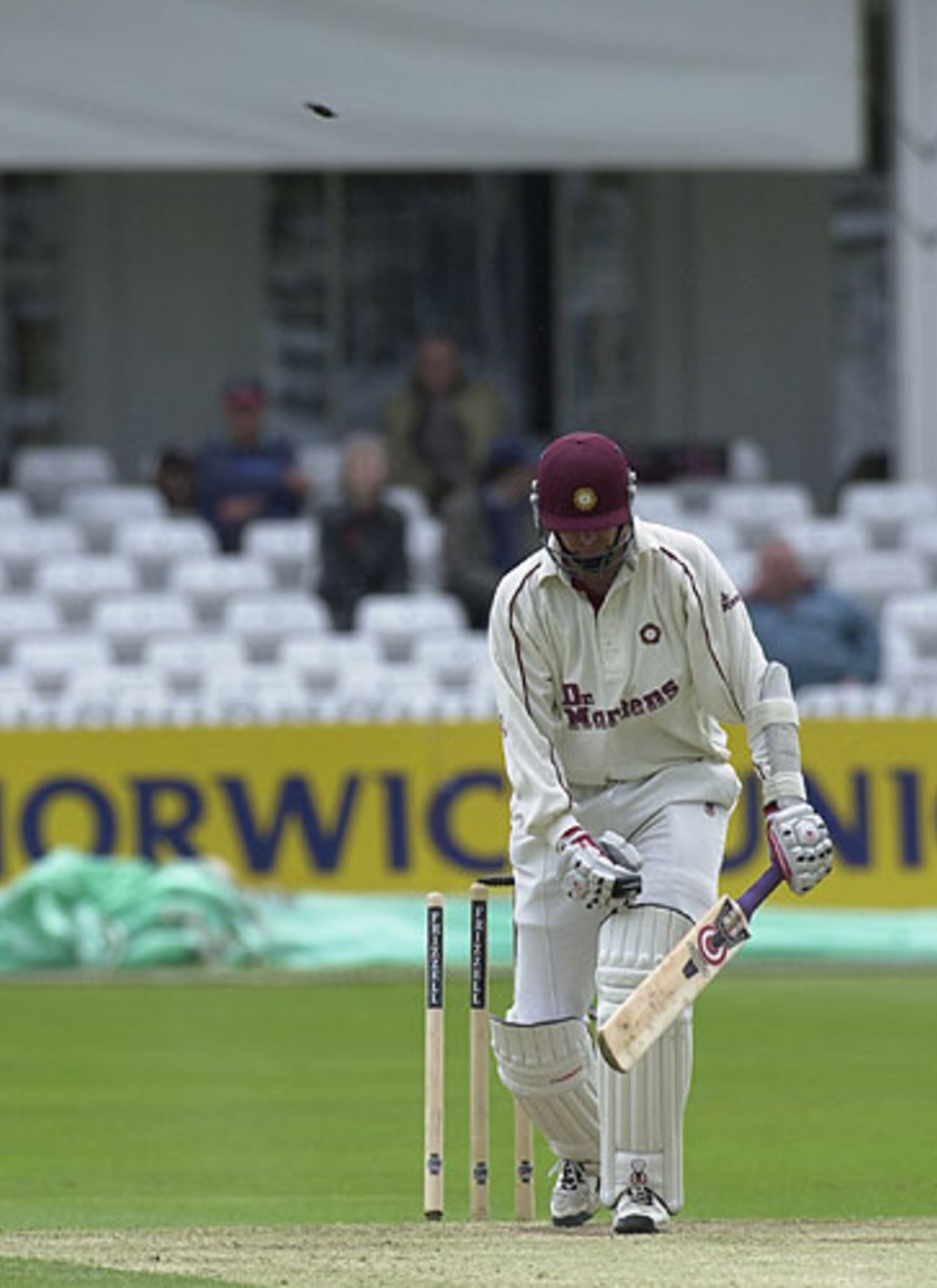 Darren Cousins is clean bowled by Andy Harris for 16 to end the Northants innings, Frizzell County Championship, Trent Bridge, 25 May 2002