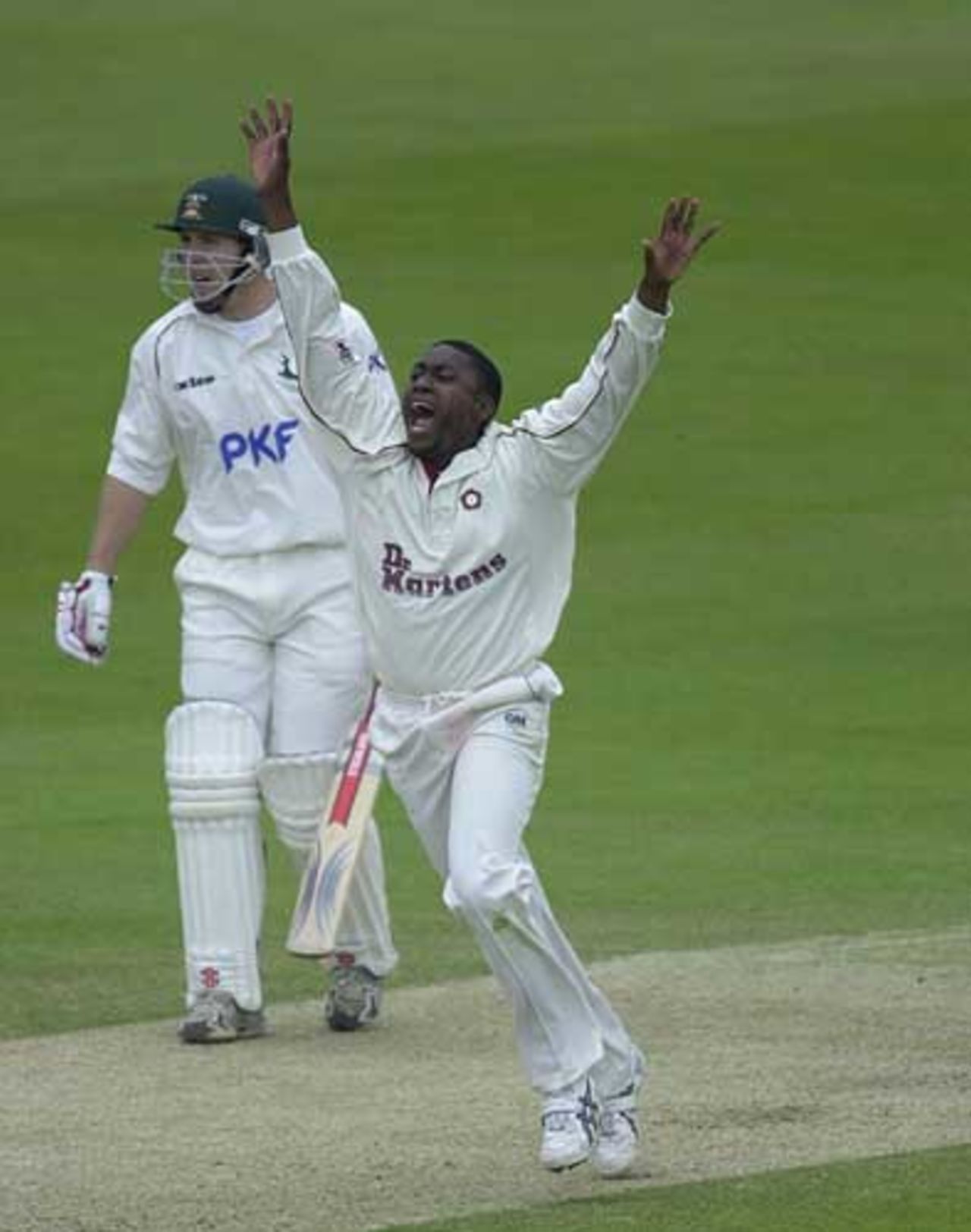 Ricky Anderson is confident that he has Bicknell out, but the umpire did not agree, Frizzell County Championship, Trent Bridge, 25 May 2002