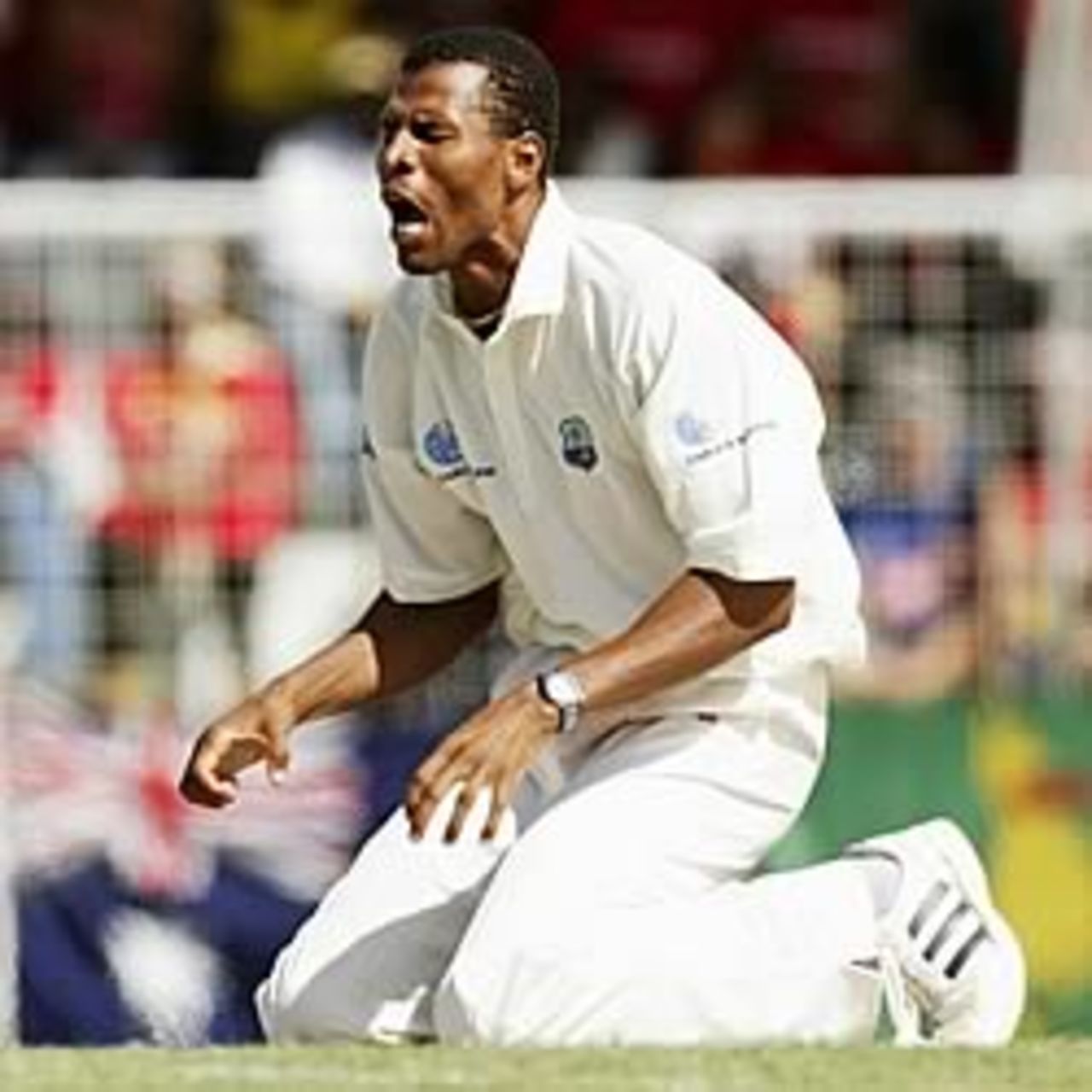 Mervyn Dillon of the West Indies shows his frustration at having an appeal turned down during day three of the Fourth Test between the West Indies and Australia on May 11, 2003 at the Recreation Oval in St John's, Antigua.