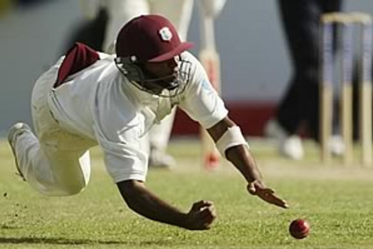 Darren Ganga of the West Indies fails to take a catch from Glenn McGrath of Australia during day three of the Fourth Test between the West Indies and Australia on May 11, 2003 at the Recreation Oval in St John's, Antigua.