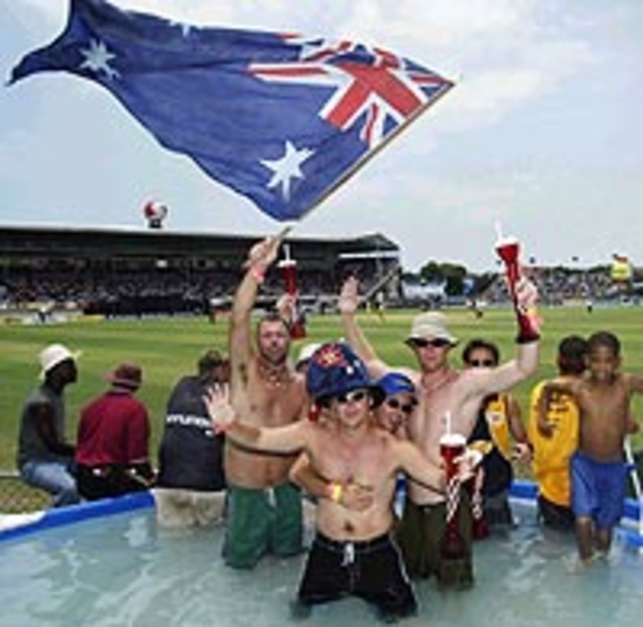 Australian fans in the pool at Sabina Park