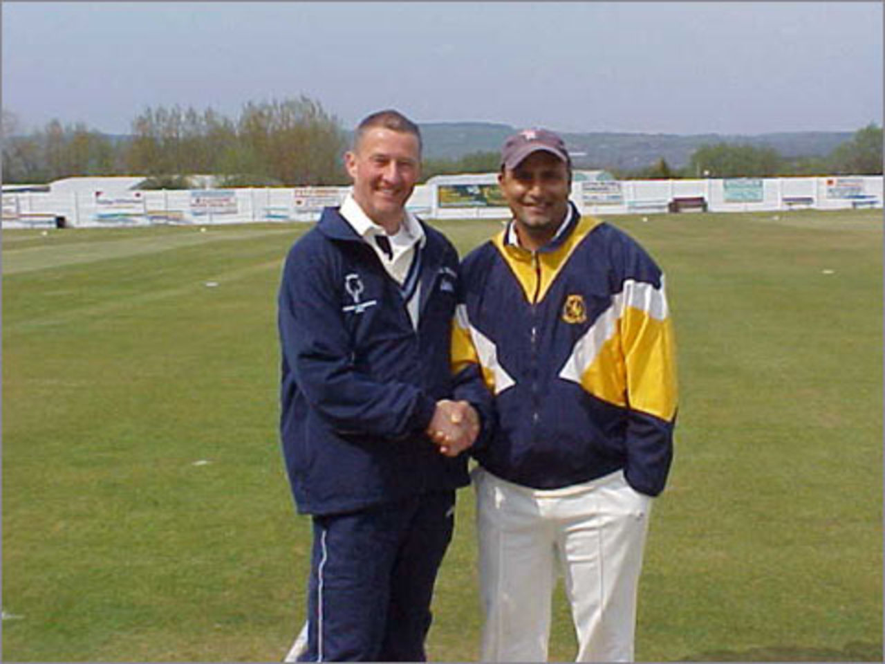 Bacup captain Neal Wilkinson meets his Enfield counterpart Mas Ahmed before the first league match at Dill Hall Lane on April 20th