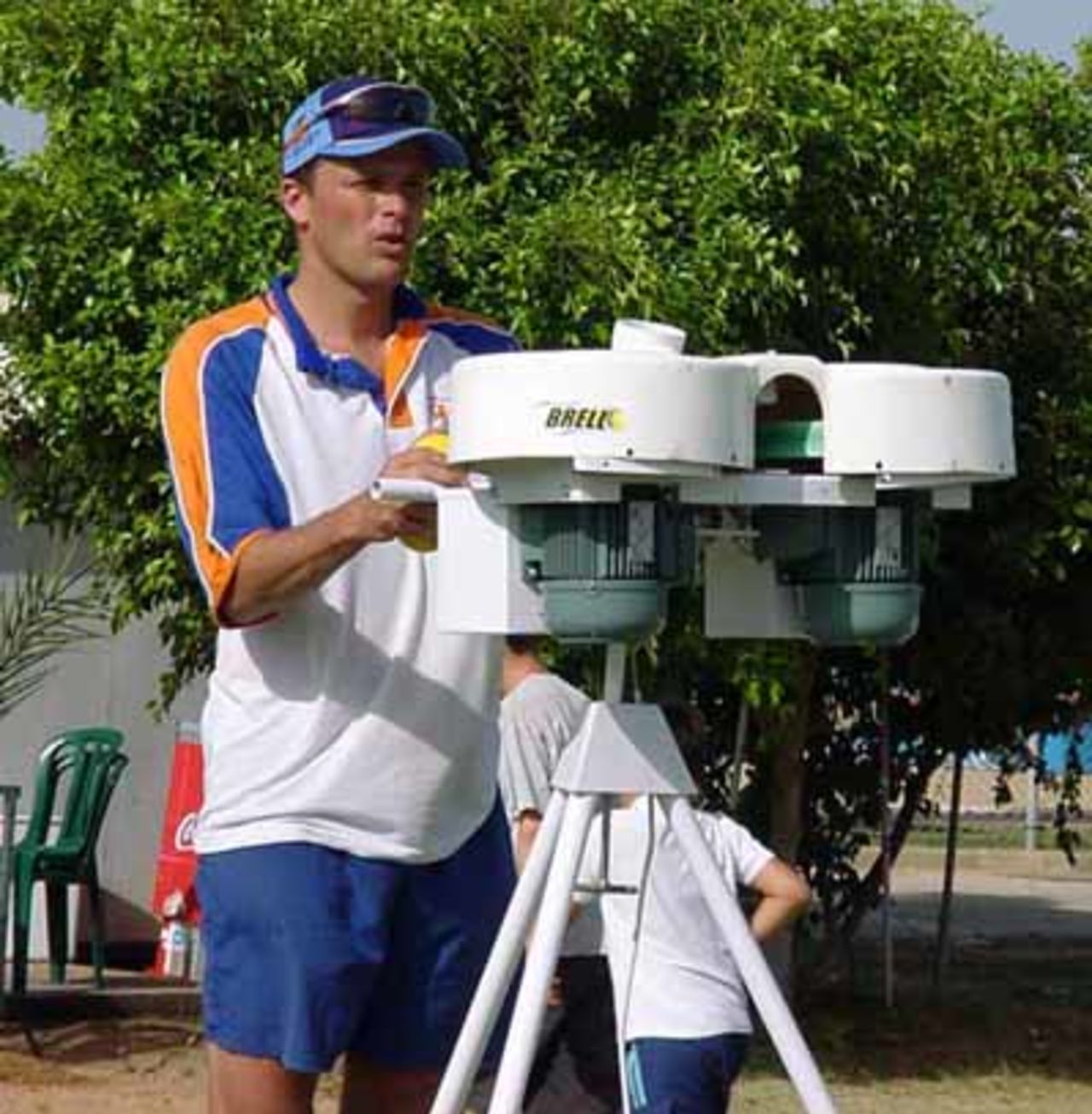 Lefebvre using the bowling machine during a visit to Israel May 2003