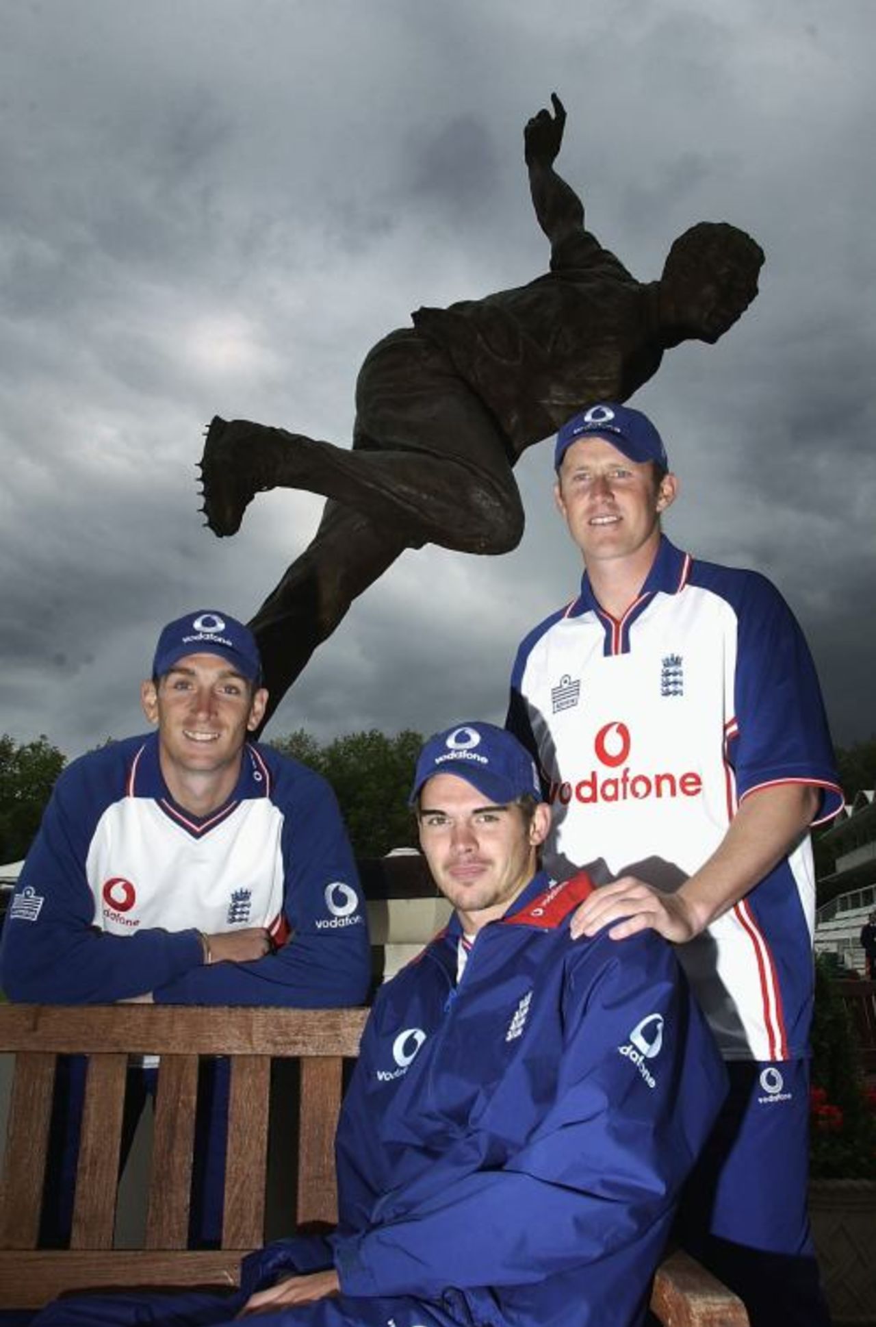 James Kirtley, James Anderson and Anthony McGrath of England all pose in front of the bowling statue during the England media session prior to the 1st Test at Lords Cricket Ground, on May 20, 2003 in London, England.
