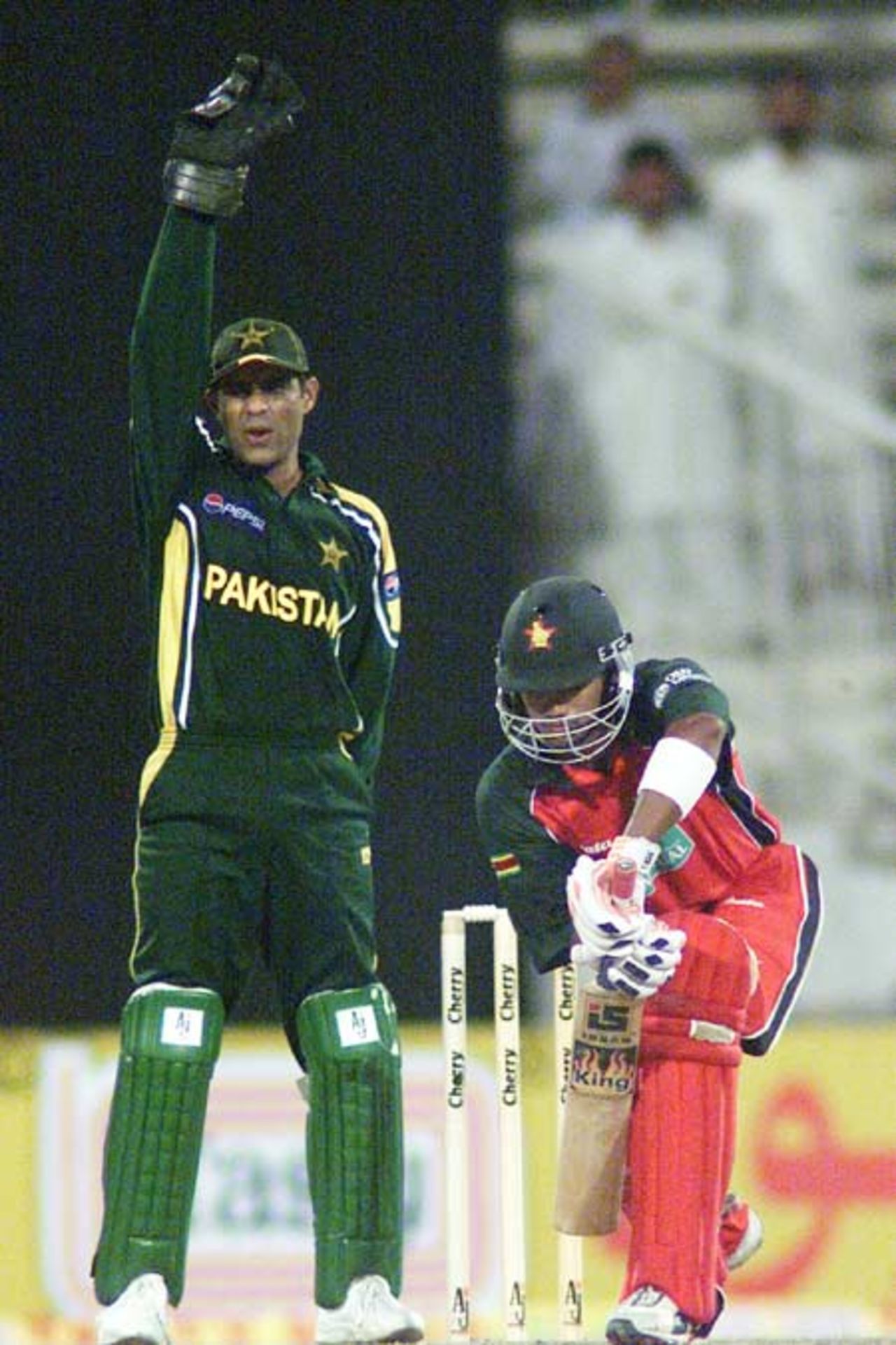 Strong appeal for an lbw by keeper Rashid Latif, 1st Match: Pakistan v Zimbabwe, Cherry Blossom Sharjah Cup, 3 April 2003
