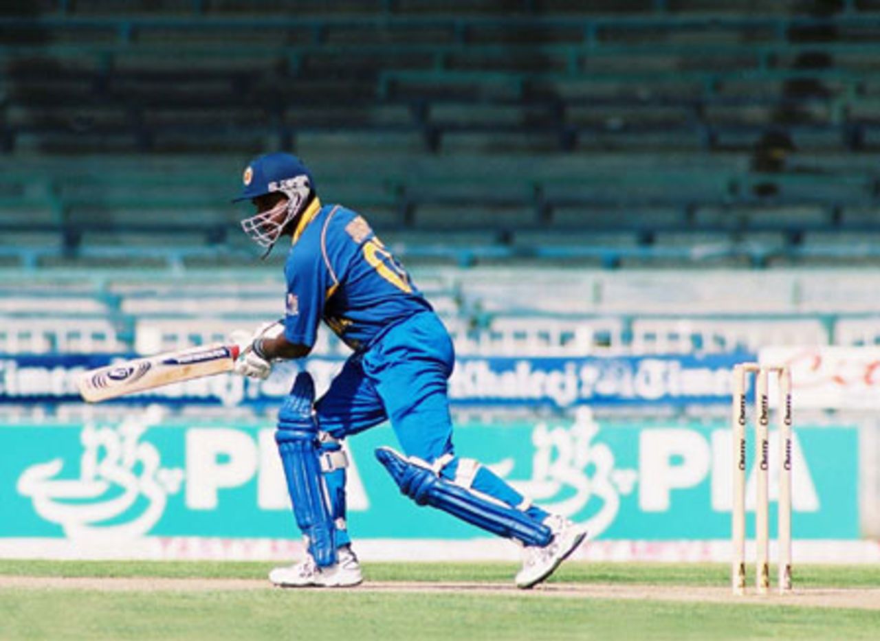 Jayasuriya defends on the front foot, 2nd Match: Pakistan v Sri Lanka, Cherry Blossom Sharjah Cup, 4 Apr 2003