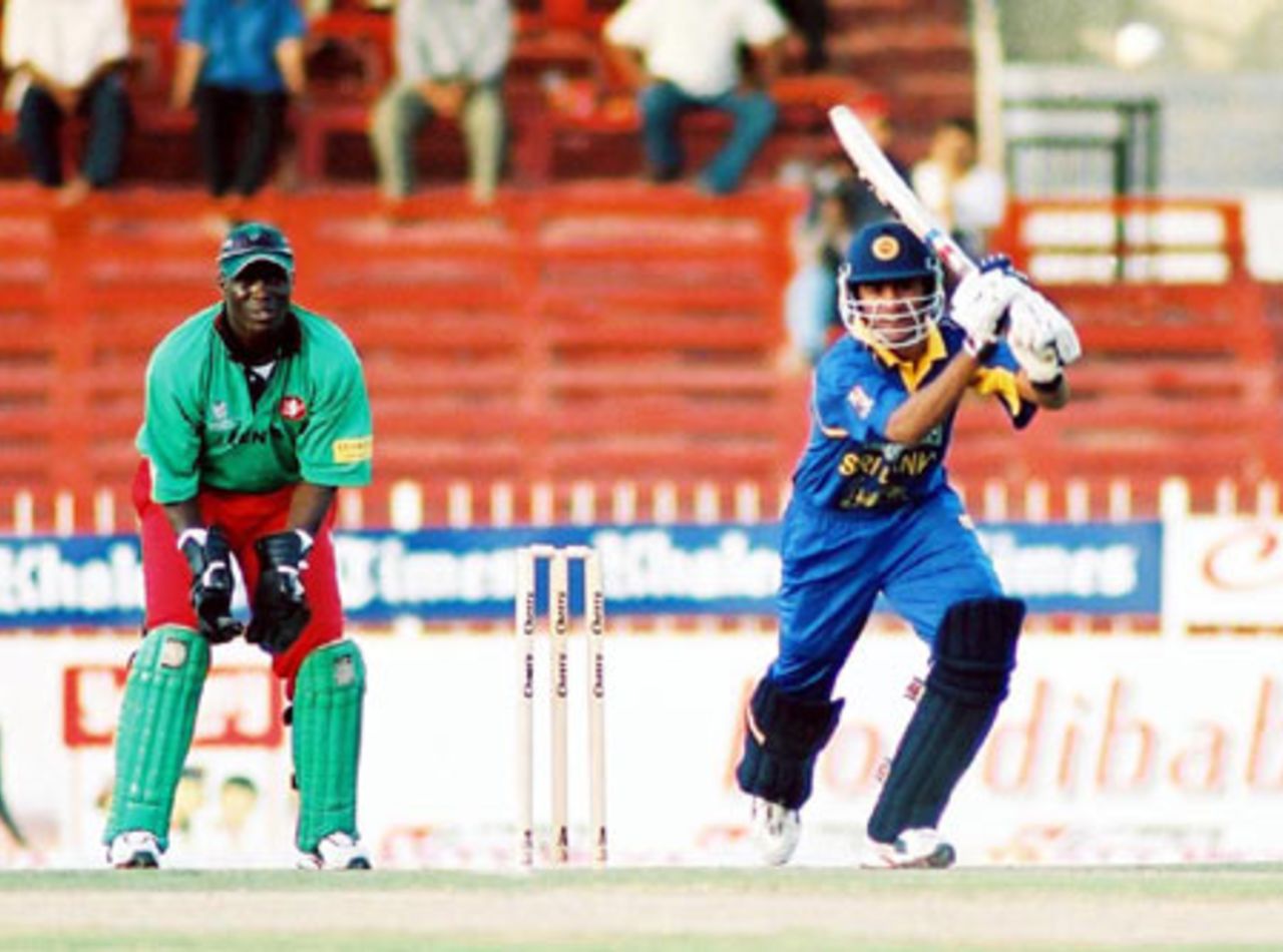 Debutant Lokuarachchi drives during his first knock in ODI cricket, 4th Match: Kenya v Sri Lanka, Cherry Blossom Sharjah Cup, 6 Apr 2003