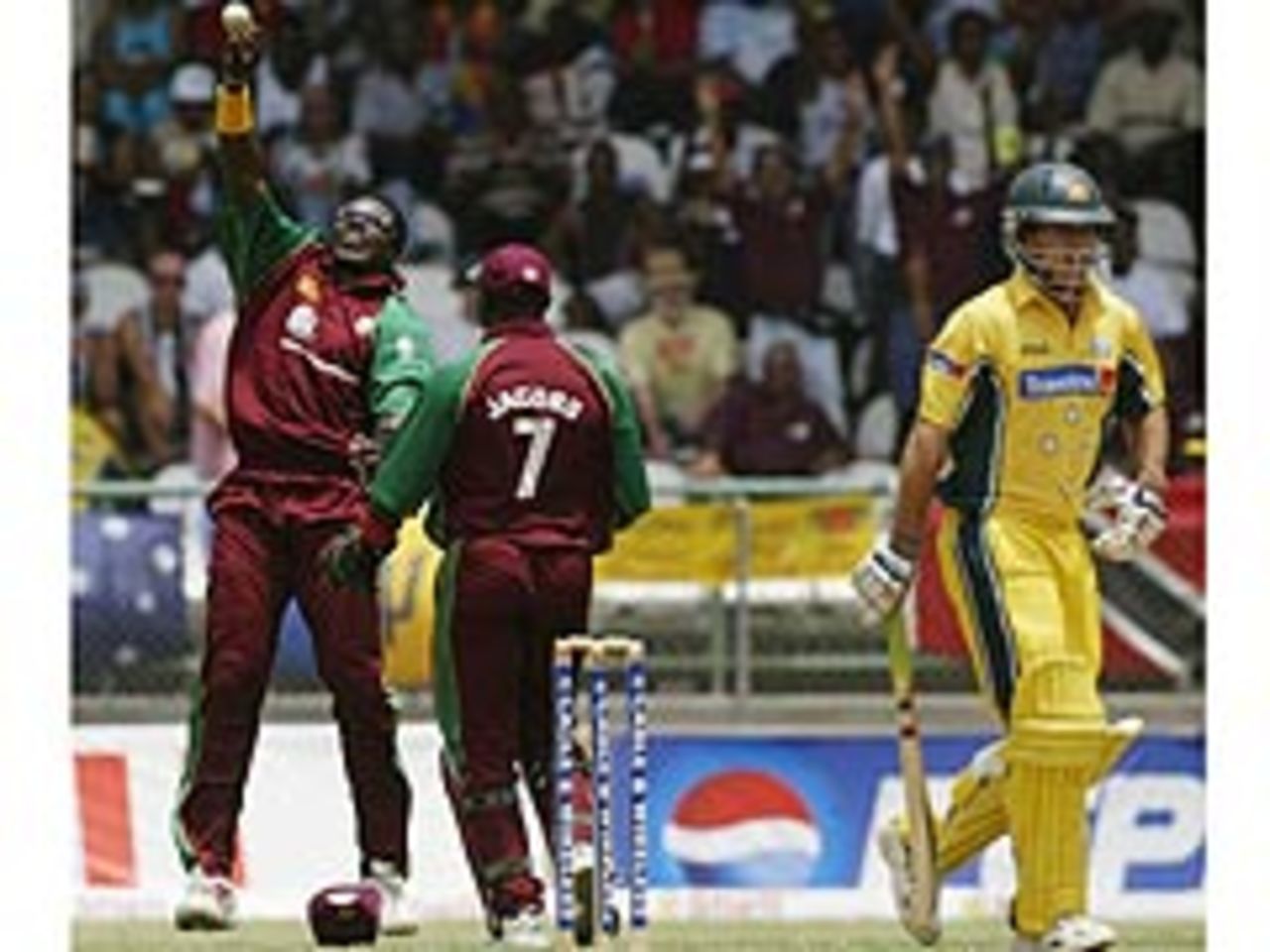 Chris Gayle celebrates the wicket of Brad Hogg, WI v Aus, May 30, 2003