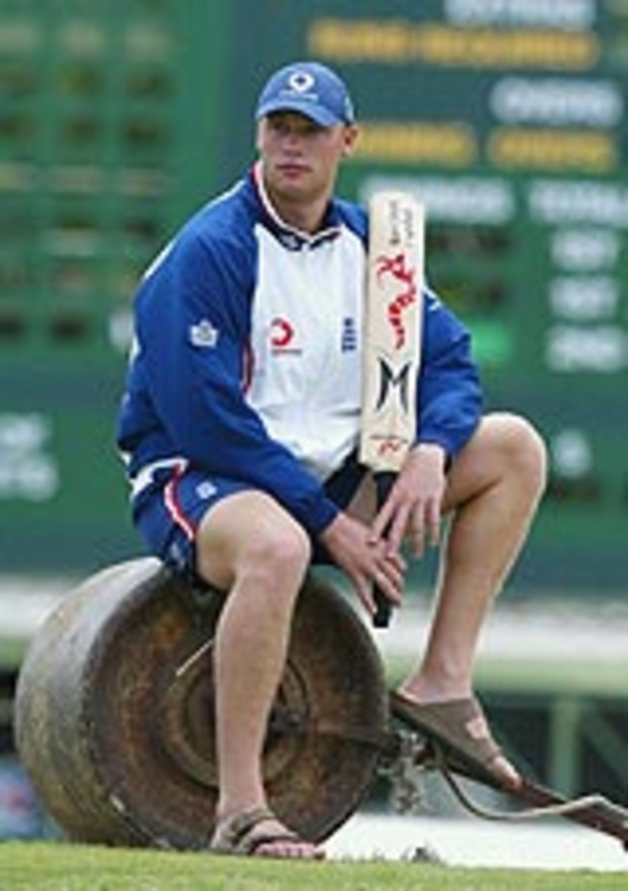 Andrew Flintoff sitting on a roller looking pensive, West Indies v England, 7th ODI, Barbados, May 4, 2004