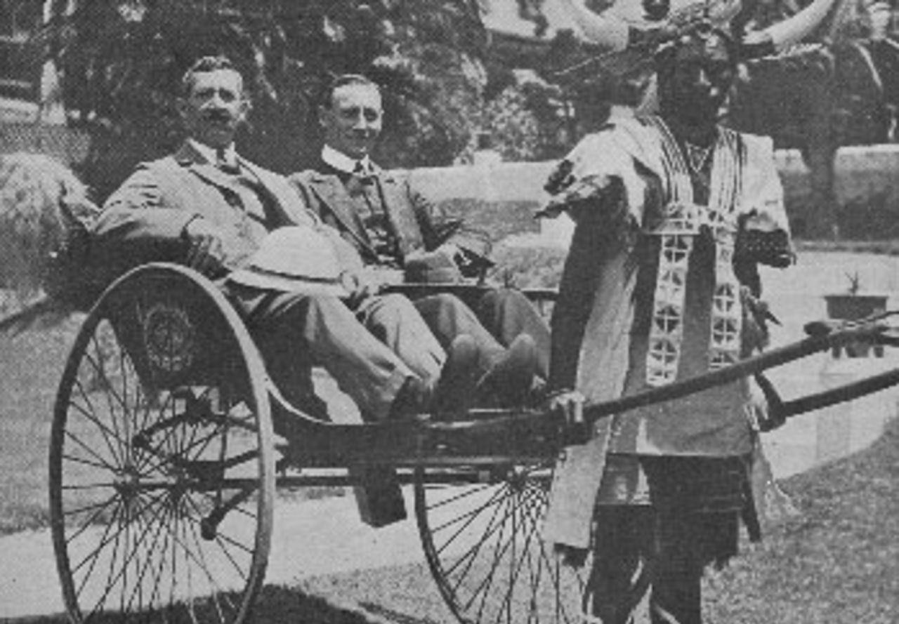 AE Relf (left) of Sussex and CP Mead of Hampshire, in a Durban rickshaw, 1913