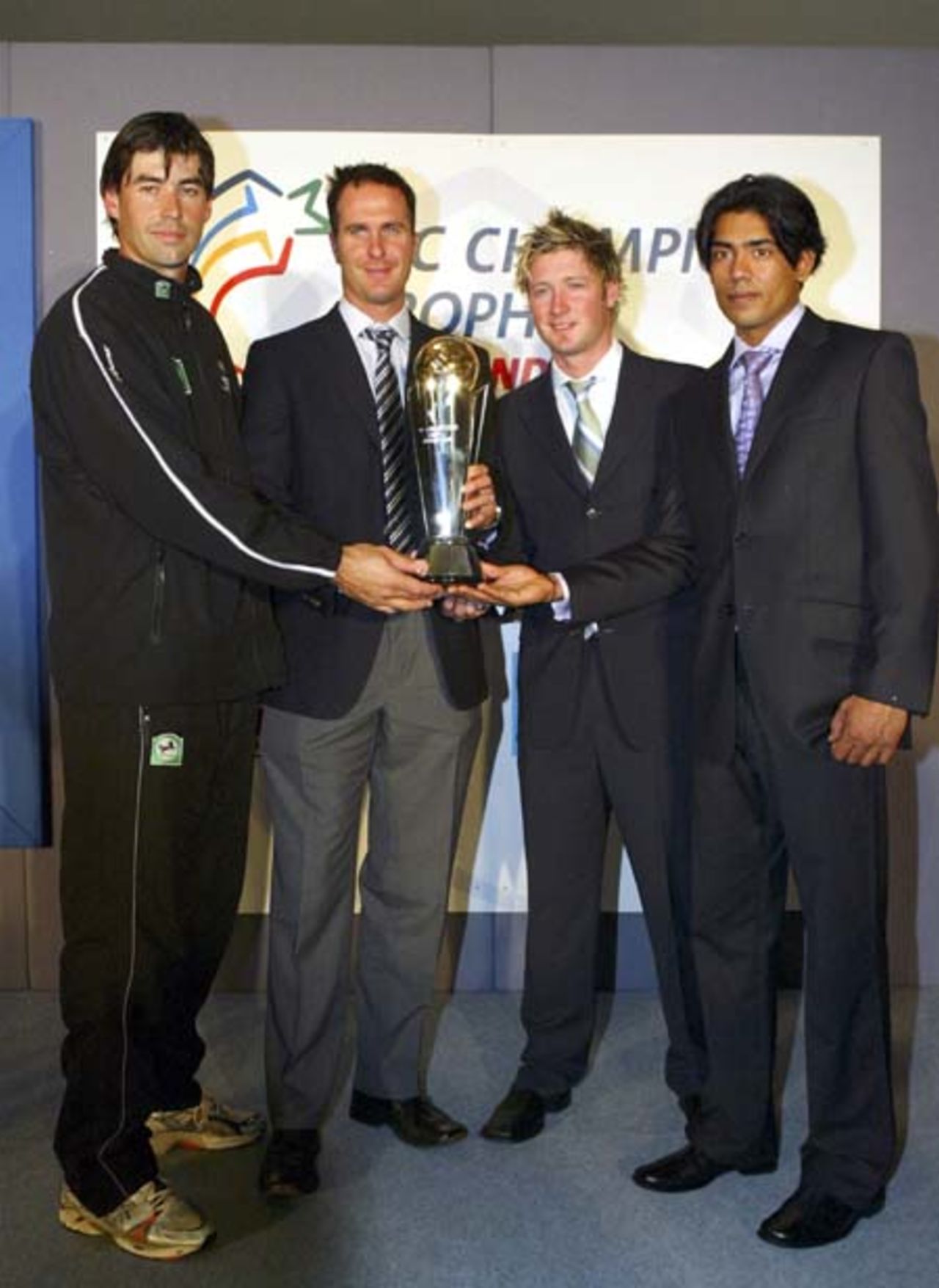 International cricketers Stephen Fleming, Michael Vaughan, Michael Clarke and Mohammad Sami launch the ICC Champions Trophy 2004