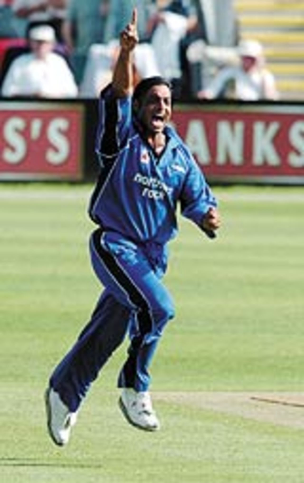 Shoaib Akhtar of Durham celebrates the wicket of Graeme Hick, Worcestershire v Durham, New Road, May 16, 2004
