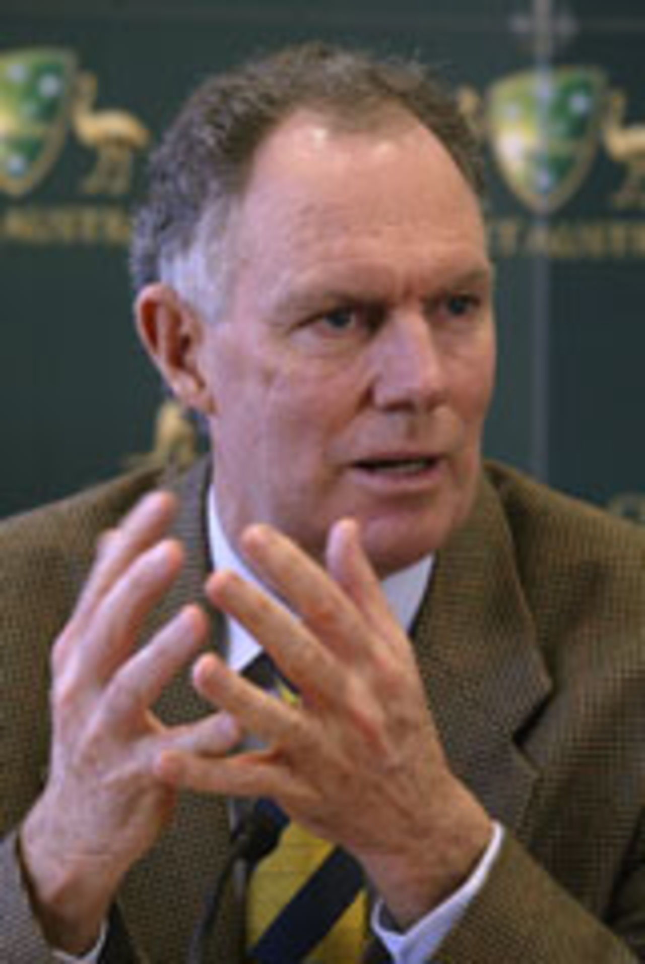 Greg Chappell at a press conference, Melbourne, May 19, 2004
