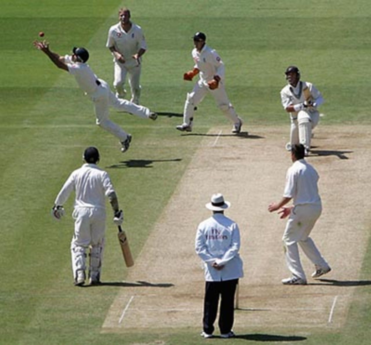 Nasser Hussain dives to catch Craig McMillan for 0 off Ashley Giles, England v New Zealand, 1st Test, Lord's, May 23, 2004
