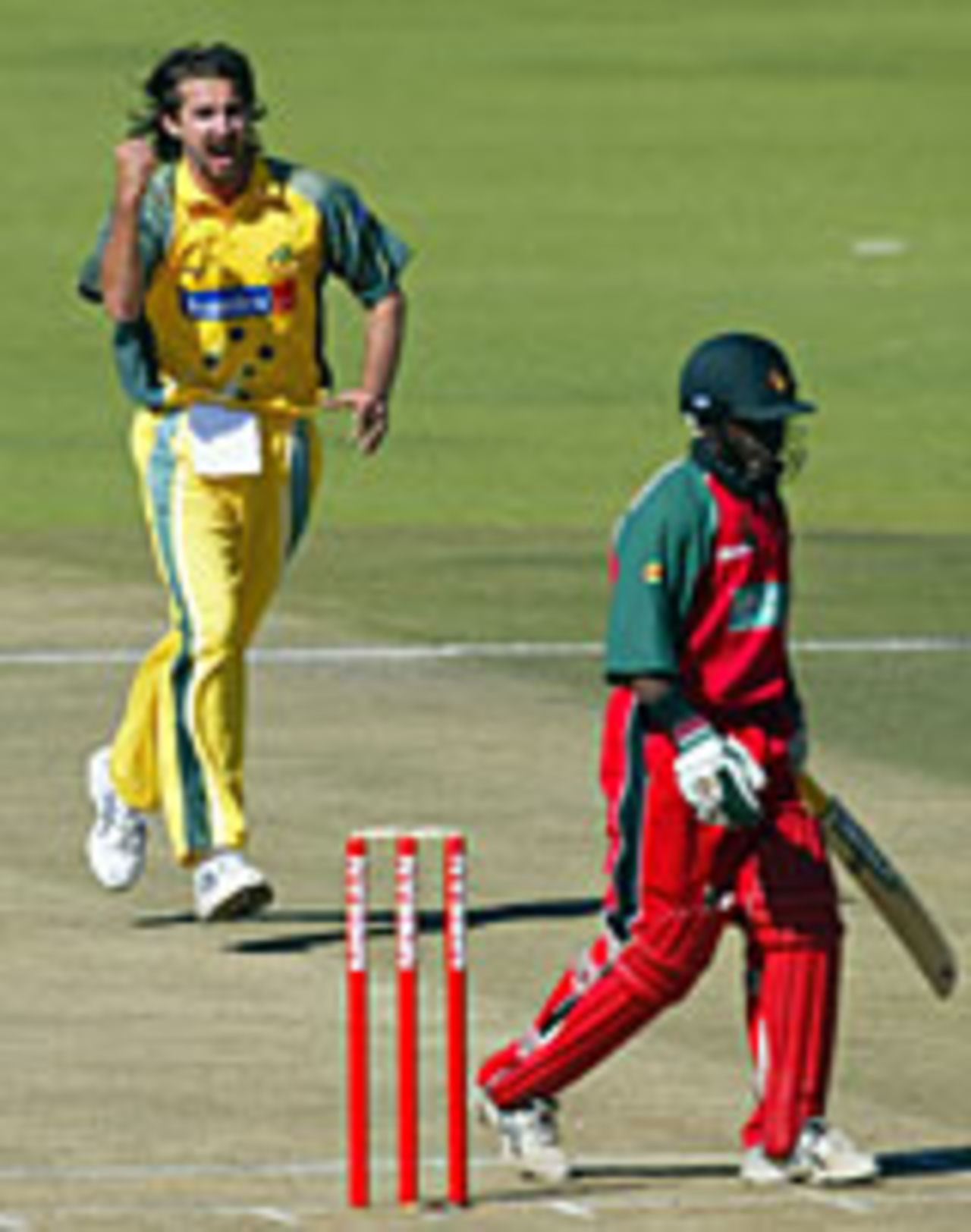 Jason Gillespie celebrates dismissing Stuart Matsikenyeri, Zimbabwe v Australia, 1st ODI, Harare, May 25, 2004