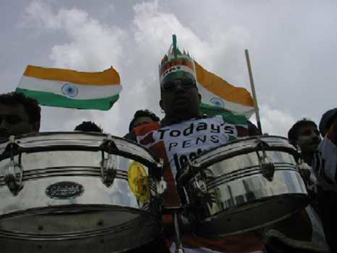 Indian fans with the drums out at the Oval for the Super Six game versus Australia, 4 June 1999, WC99