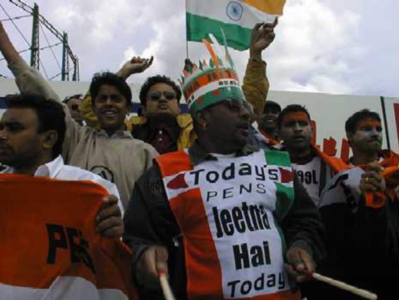 Indian fans at the Oval wearing a slogan "jeetna hai Today" (Must win today) at the 4 June 1999 opening Super Six match against Australia, WC99