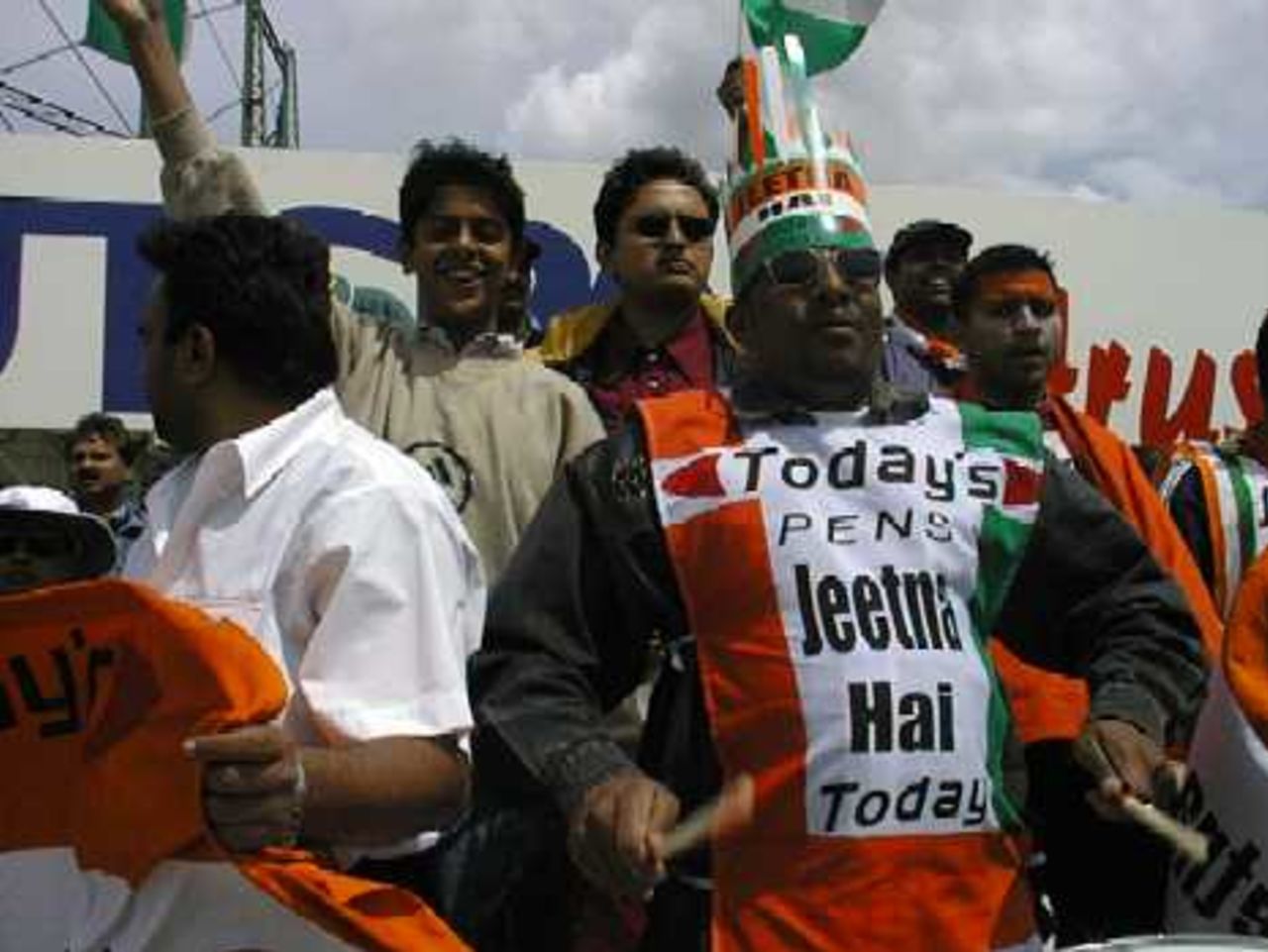 Indian fans at the Oval wearing a slogan "jeetna hai Today" (Must win today), another shot during the WC99 match against Australia on 4 June 1999