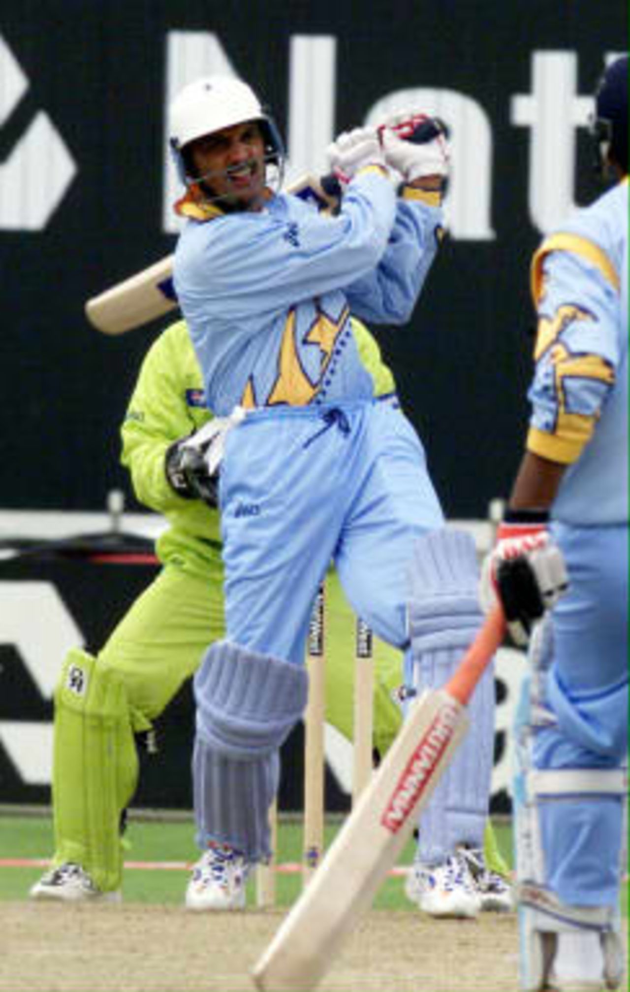 Mohammed Azharuddin hits a six during his highest scoring innings of WC99 during the match at Old Trafford 08 June 1999 against Pakistan