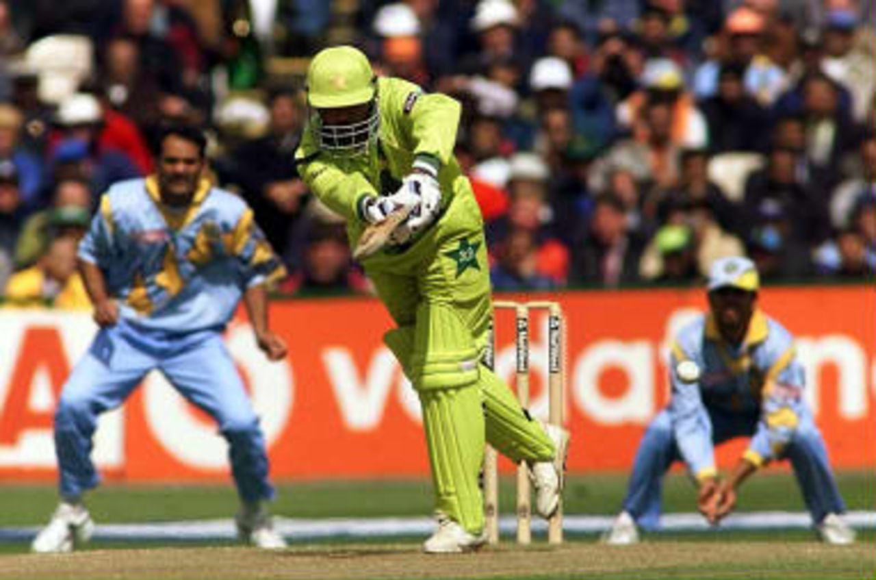 Pakistani batsman Ijaz Ahmed flicks the ball to leg during their Super Six Cricket World Cup match against India at Old Trafford, Manchester, 08 June 1999.