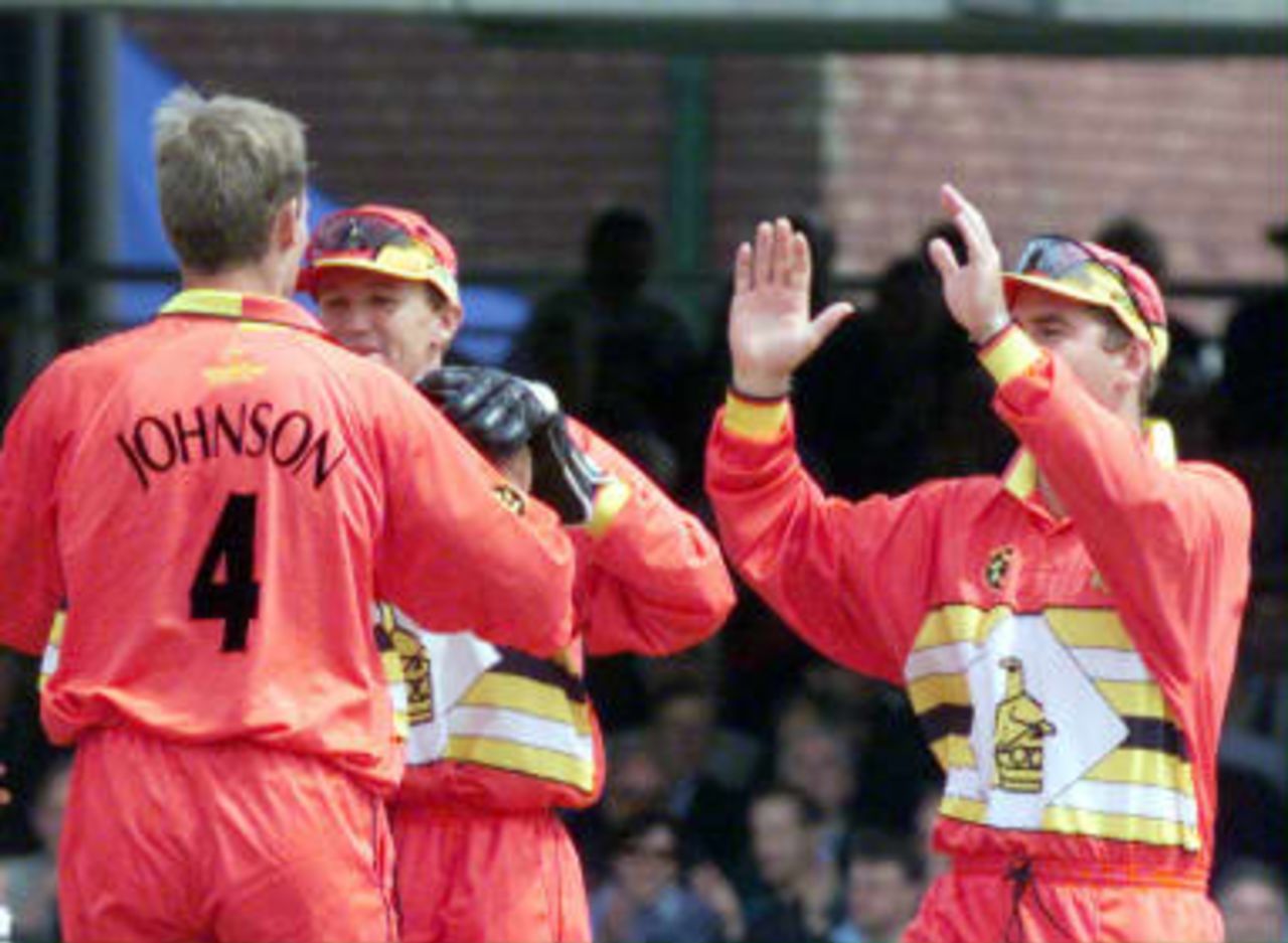 Neil Johnson of Zimbabwe celebrates taking the first wicket of Australia`s Adam Gilchrist in the match between Zimbabwe against Australia during the Cricket Wor ld Cup match at Lords 09 June1999