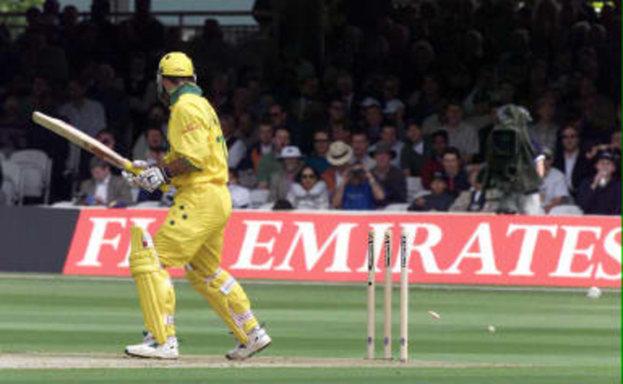 Australia`s Ricky Ponting looks back to see his bails flying after he was bowled by Henry Olonga in the match between Zimbabwe v Australia in the Cricket World Cup match at Lord's 9 June 1999.