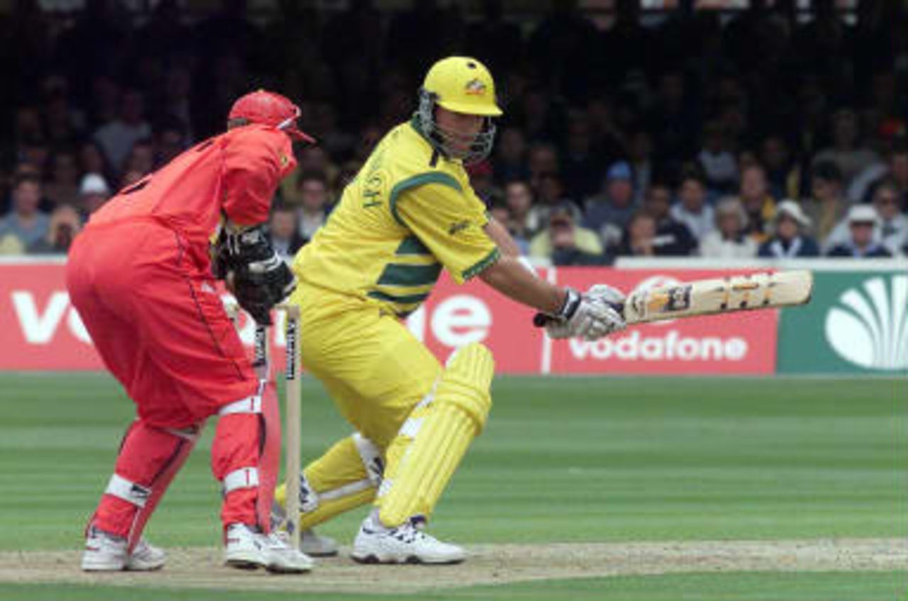 Australia`s  Mark Waugh on his way to score 104 during the Australian innings in the match between Zimbabwe v Australia in the Cricket World Cup match at Lords 09 June 1999. Australia's innings ended with a score of 303 for 4
