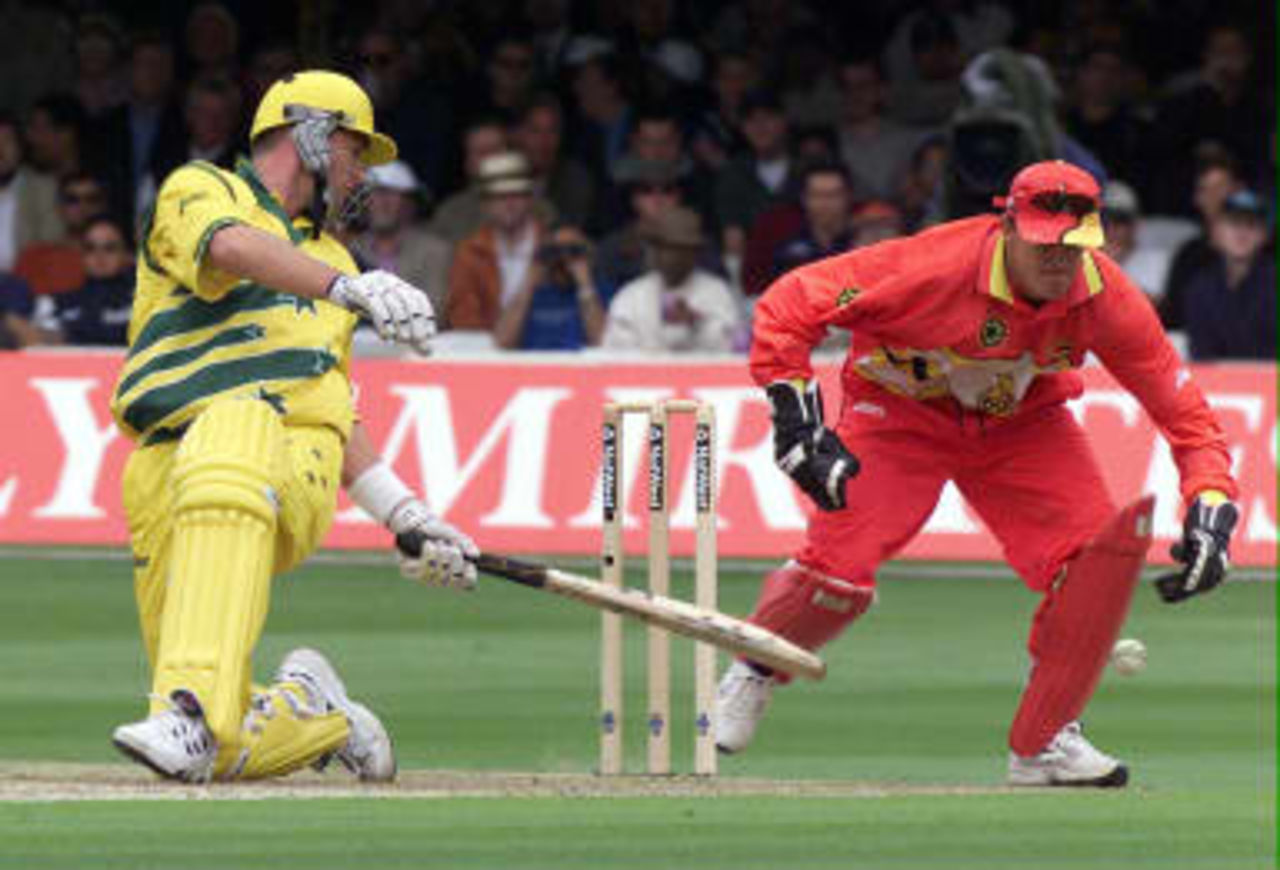 Australia`s  Mark Waugh who scored 104 during the Australian innings in the match between Zimbabwe against Australia in the Cricket World Cup match at Lords 09 June 1999