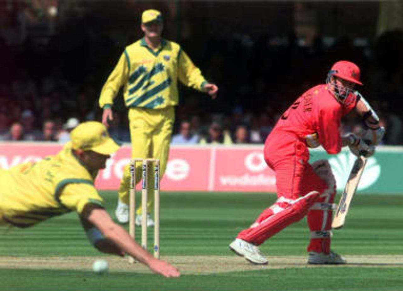 Mark Waugh drops Grant Flower Mark Waugh drops Grant Flower - ICC World Cup, 1999, 5th Super Six Match Australia v Zimbabwe Lord's, London 9 June 1999