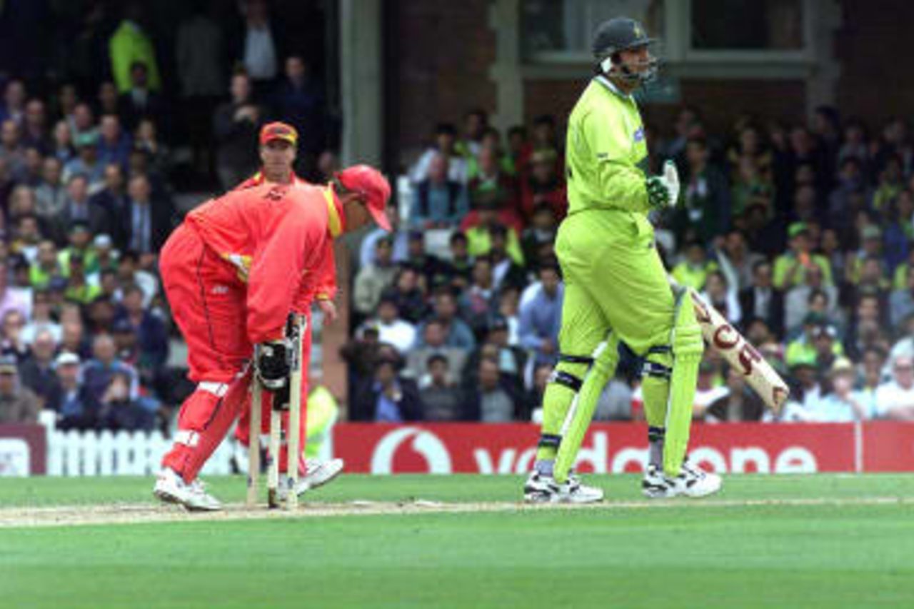 Inzimam ul Haq of Pakistan leaves the wicket after being stumped  for 21 runs against Zimbabwe at the Cricket World Cup match at the Oval, London, 11 June 1999