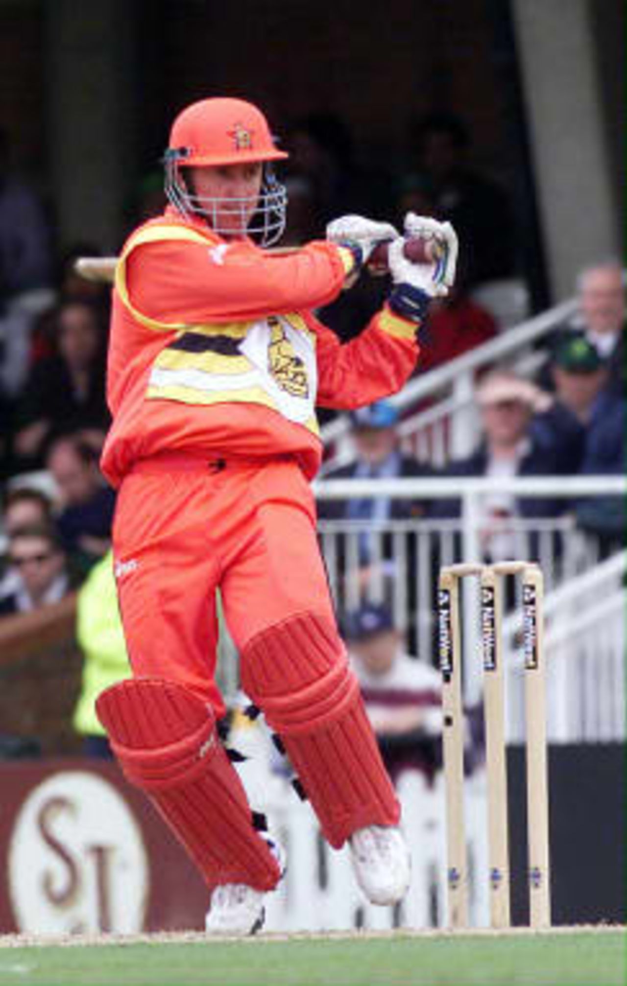 Zimbabwe`s Murray Goodwin drives at shot only to be caught out by Shahid Afridi of Pakistan at the Cricket World Cup match  at the Oval, London, 11June 1999