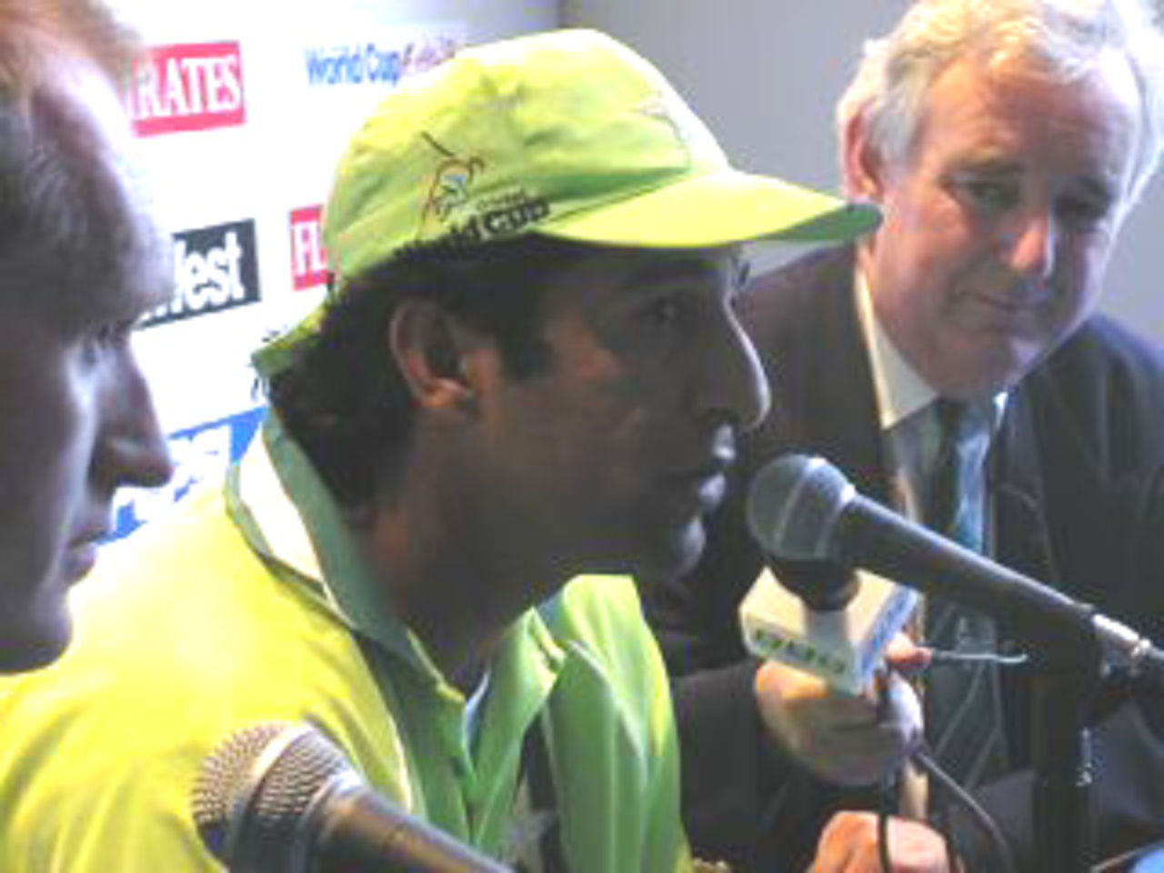 Wasim Akram talks to the press after Pakistan's win over Zimbabwe  at the Oval, 11 June 1999, World Cup