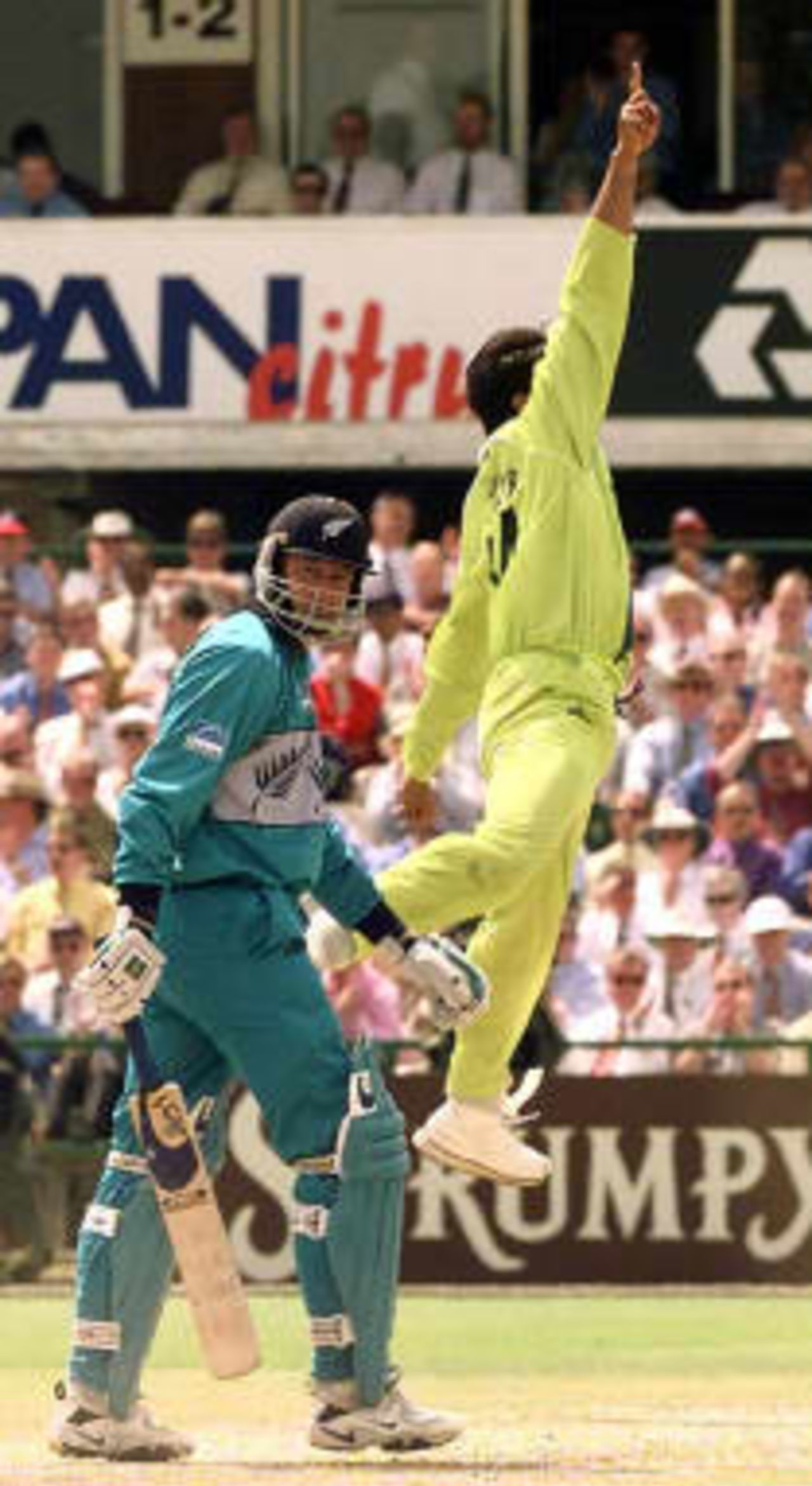 Pakistan's fast bowler Shoaib Akhtar celebrates after taking the wicket of New Zealand's opening batsman Nathan Astle 16 June 1999,  during the semi-final match in the Cricket World Cup at Old Trafford, Manchester.  The final will be at Lords 20 June 1999