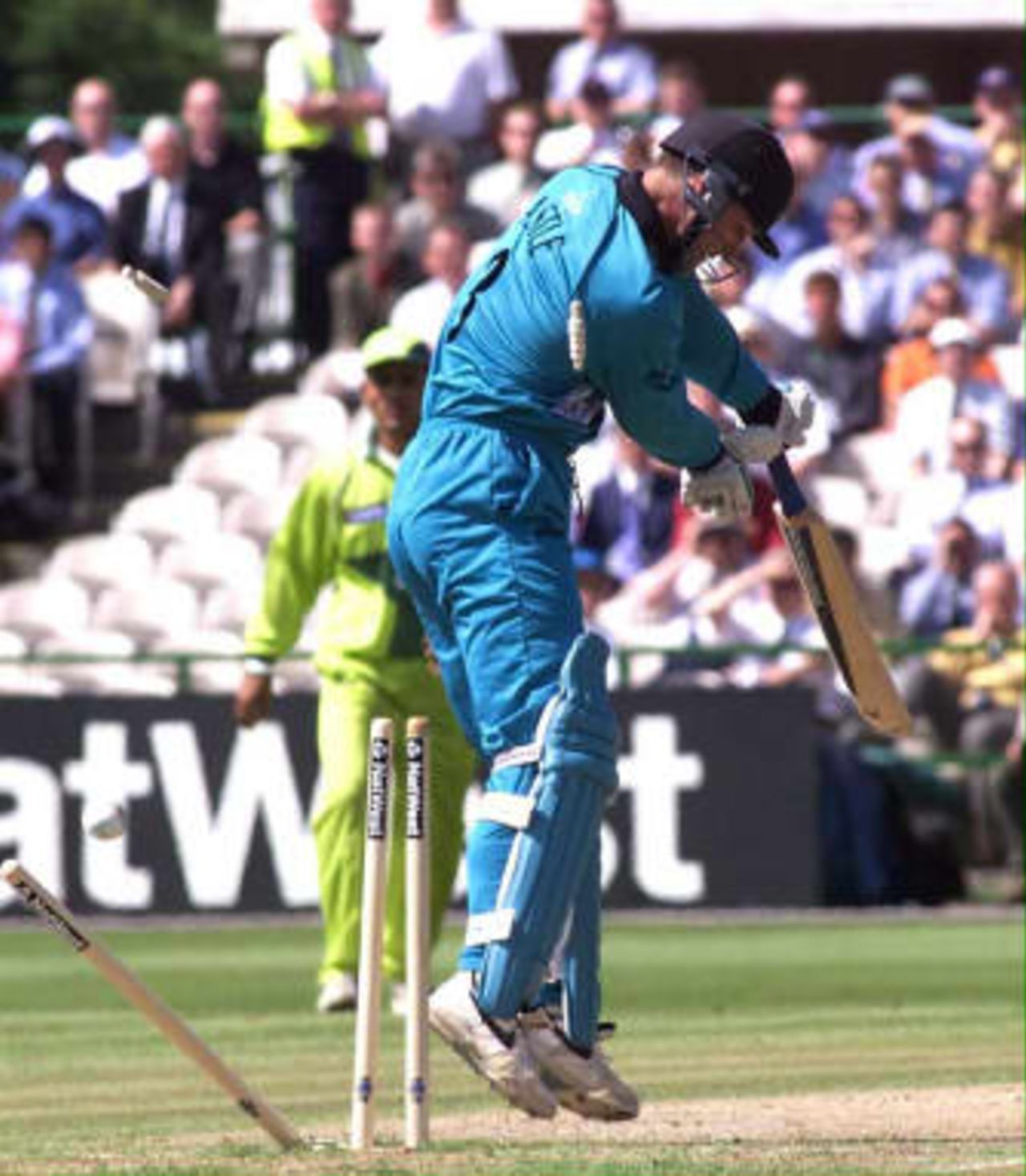 Nathan Astle of New Zealand is clean bowled by Shoaib Akhtar of Pakistan in their Cricket World Cup Semi Final at Old Trafford in Manchester 16 June 1999