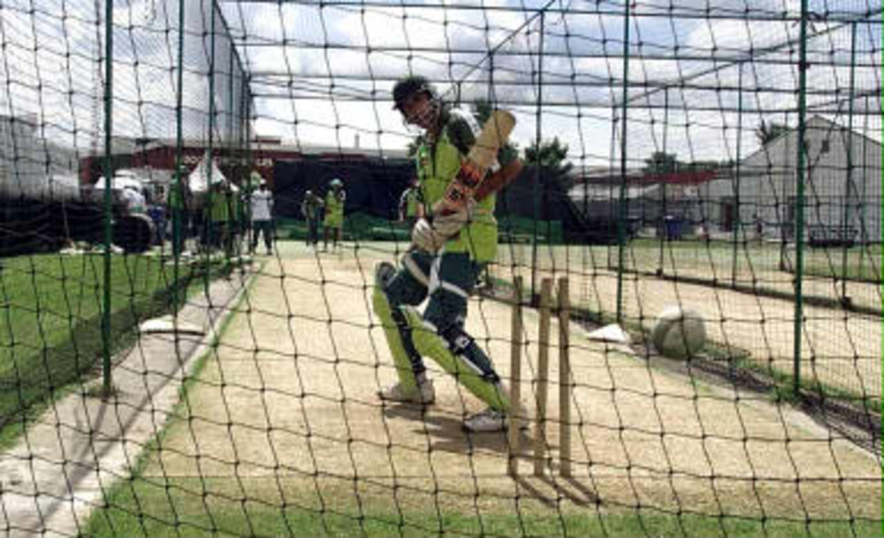 Pakistan captain Wasim Akram bats in the nets at Old Trafford, Manchester, 15 June 1999 prior to his sides Cricket World Cup semi final match against New Zealand 16 June 1999
