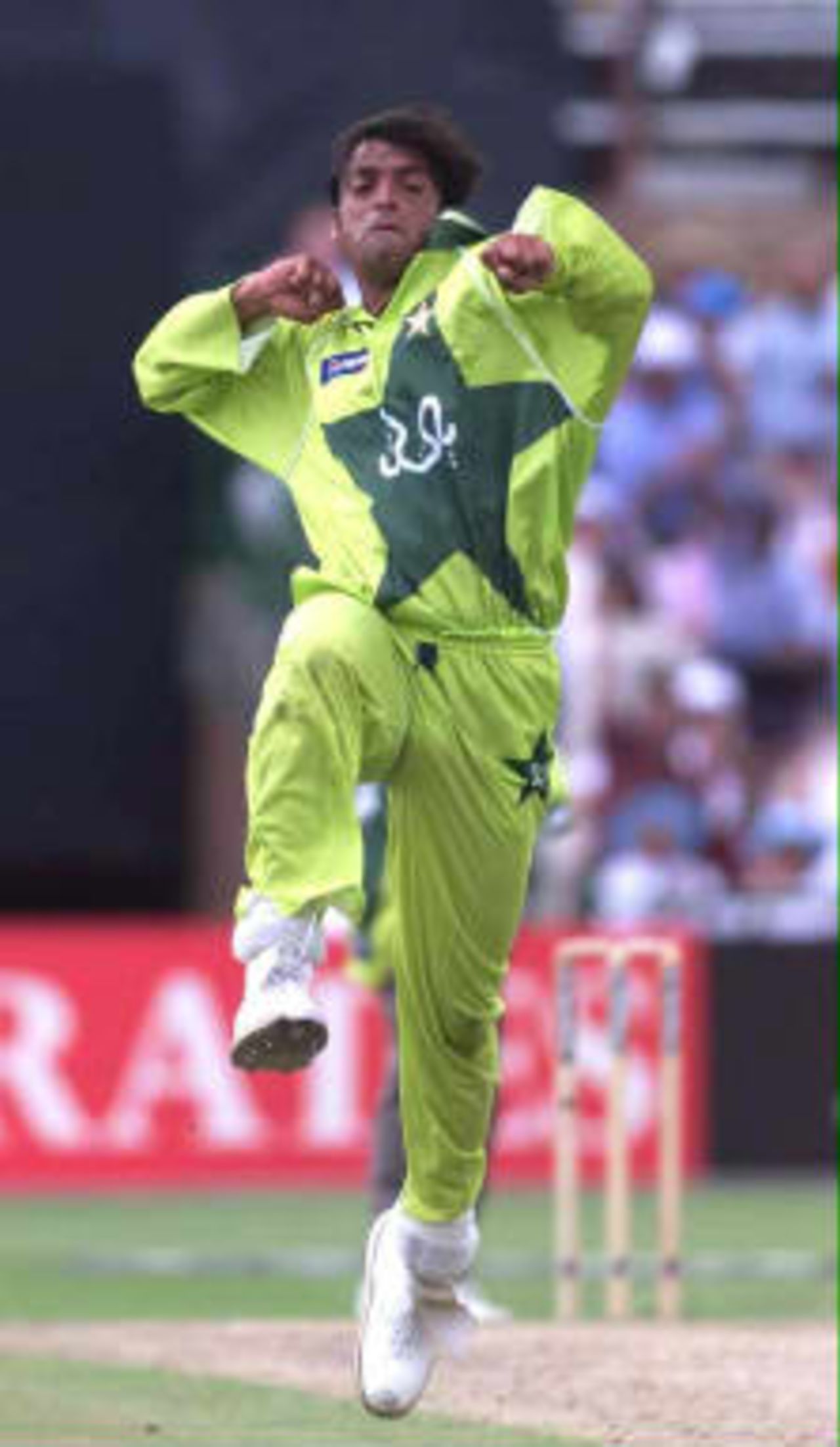 Shoaib Akhtar of Pakistan shows his joy having taken the wicket of Stephen Fleming of New Zealand in their Cricket World Cup Semi-Final at Old Trafford, Manchester, 16 June 1999.