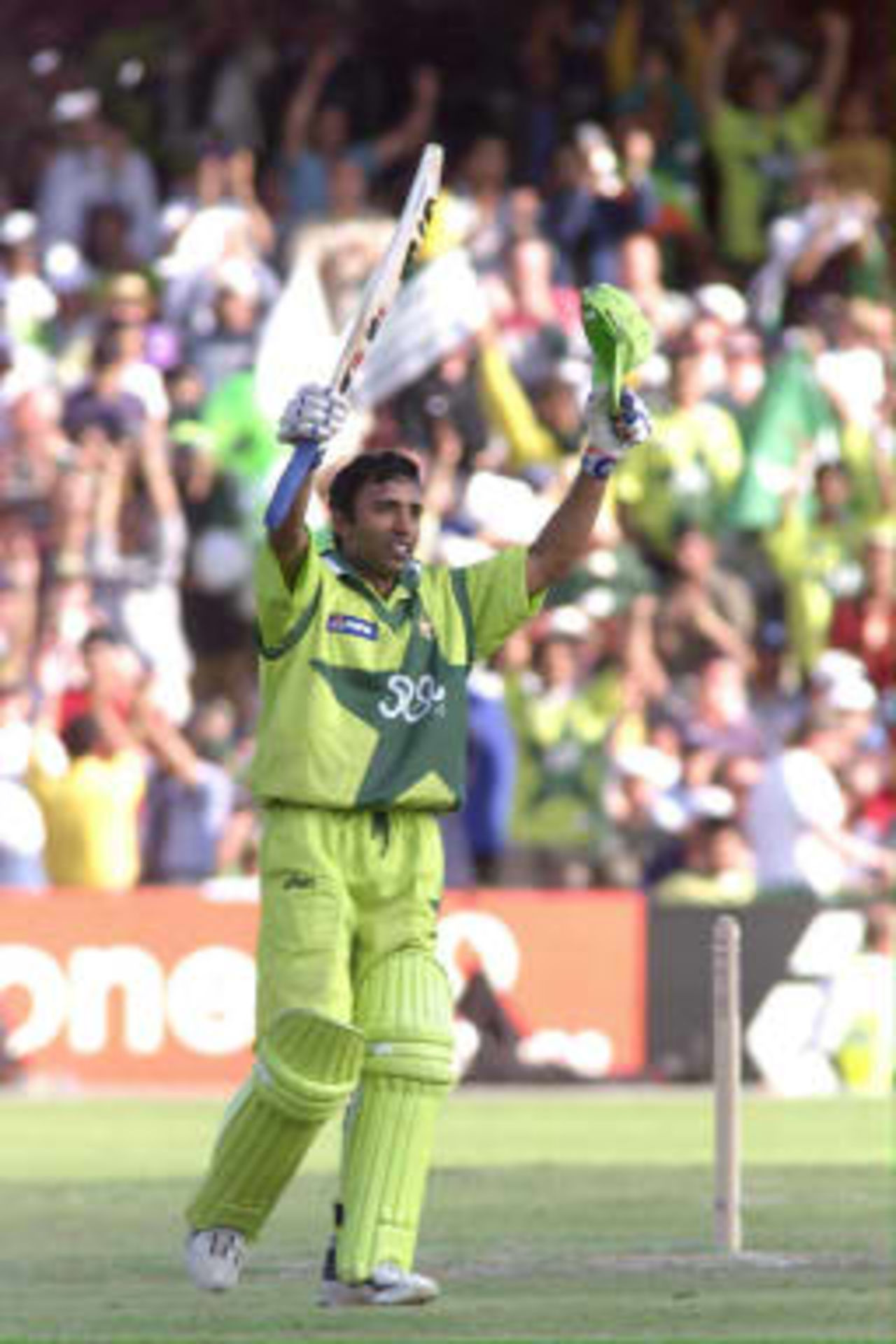 Saeed Anwar celebrates his century for Pakistan against New Zealand at Old Trafford 16 June 1999. Pakistan won the Cricket World Cup Semi Final by nine wickets