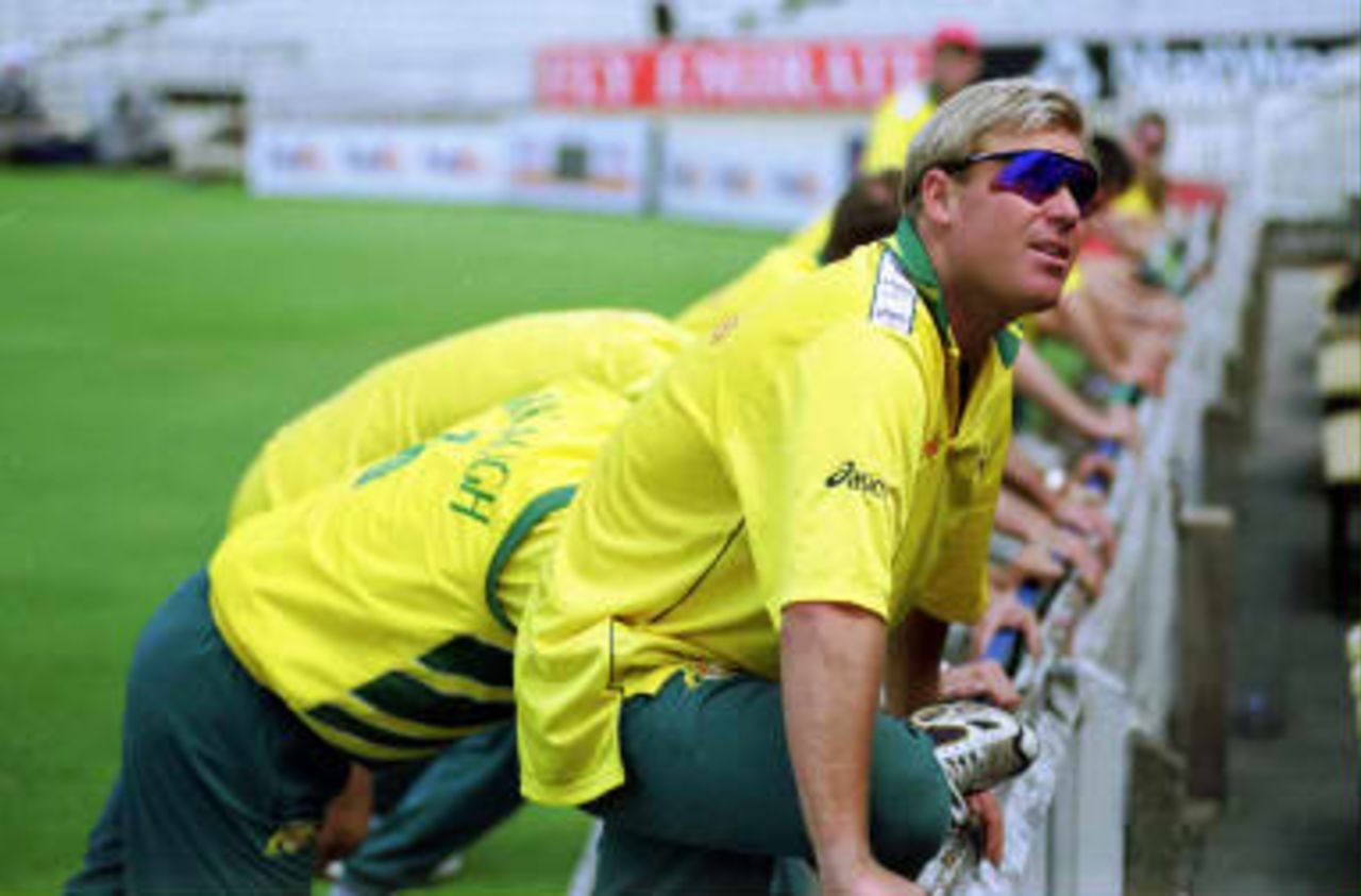 Australia's Shane Warne takes part in a training session with team mates at Edgbaston, Birmingham 16 June 1999 ahead of their Cricket World Cup Semi Final match against South Africa tomorrow