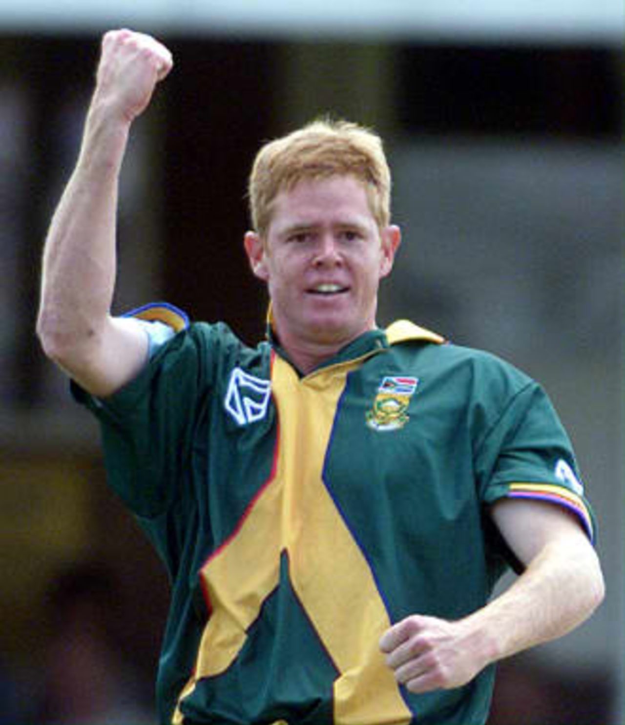 South African Shaun Pollock celebrates the end of the Australian innings with Pollock taking 5 for 36 runs 17 June 99, during their semi-final match in the Cricket World Cup at Edgbaston, Birmingham.  The final will be at Lords 20 June