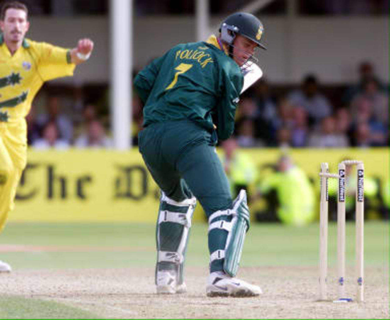 Shaun Pollock is out clean bowled by Australian's Damien Fleming before victory over South Africa during their semi-final match in the Cricket World Cup at Edgbaston, Birmingham, 17 June 1999.