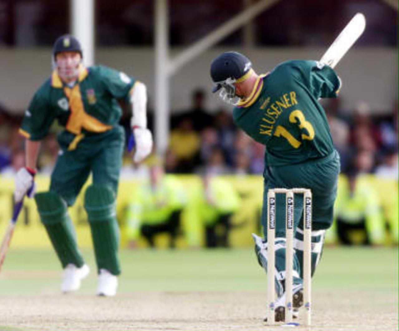 South Africa's Lance Klusener hits out watched by Allan Donald before Australian's victory over South Africa during their semi-final match in the Cricket World Cup at Edgbaston, Birmingham, 17 June 1999.