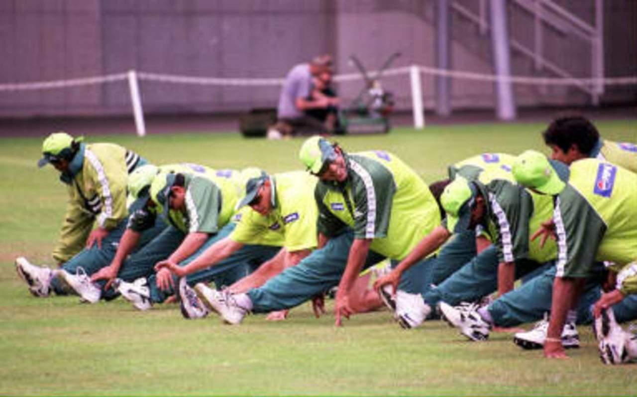 The Pakistani cricket team warm up on the hallowed turf of Lord's cricket ground in London before their final against Australia in the Cricket World  Cup Championships 20 June.