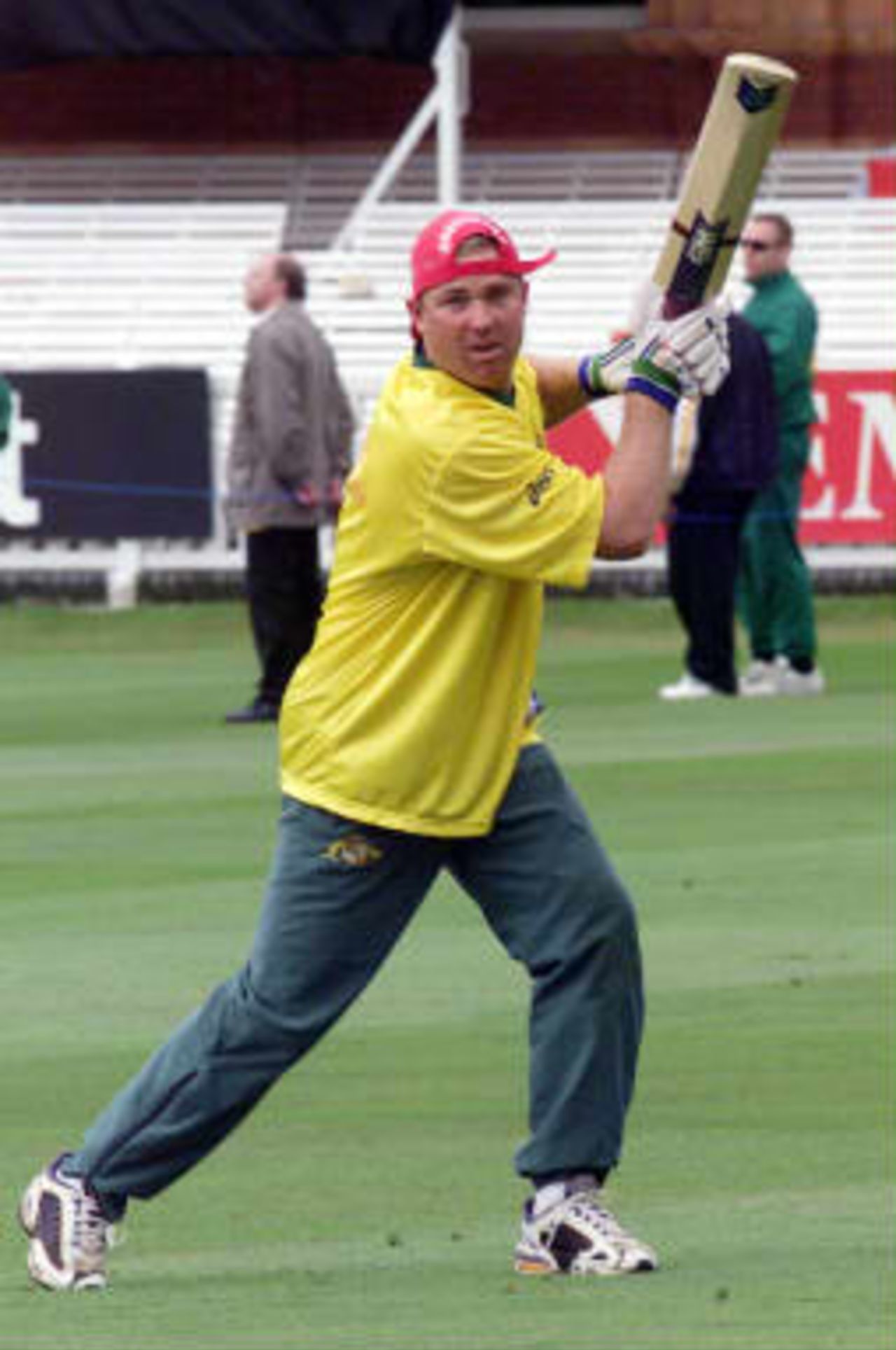 Shane Warne of Australia puts in some light batting practice prior to the start of the World Cup Cricket Final where he hopes to do more damage against the Pakistani team, at Lords, in London.