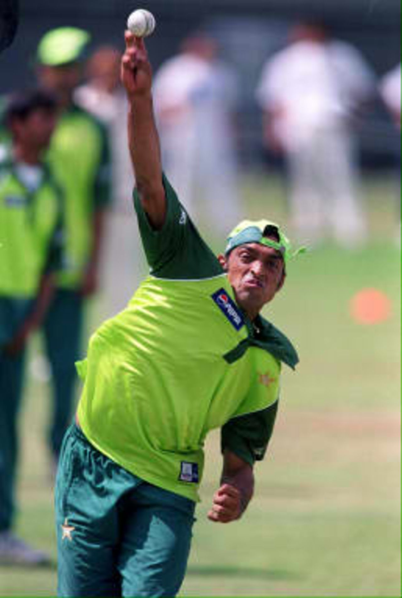 Pakistani fast bowler Shoaib Akhtar warms up at Lords cricket ground in London on the eve of the Cricket World Cup final against Australia.
