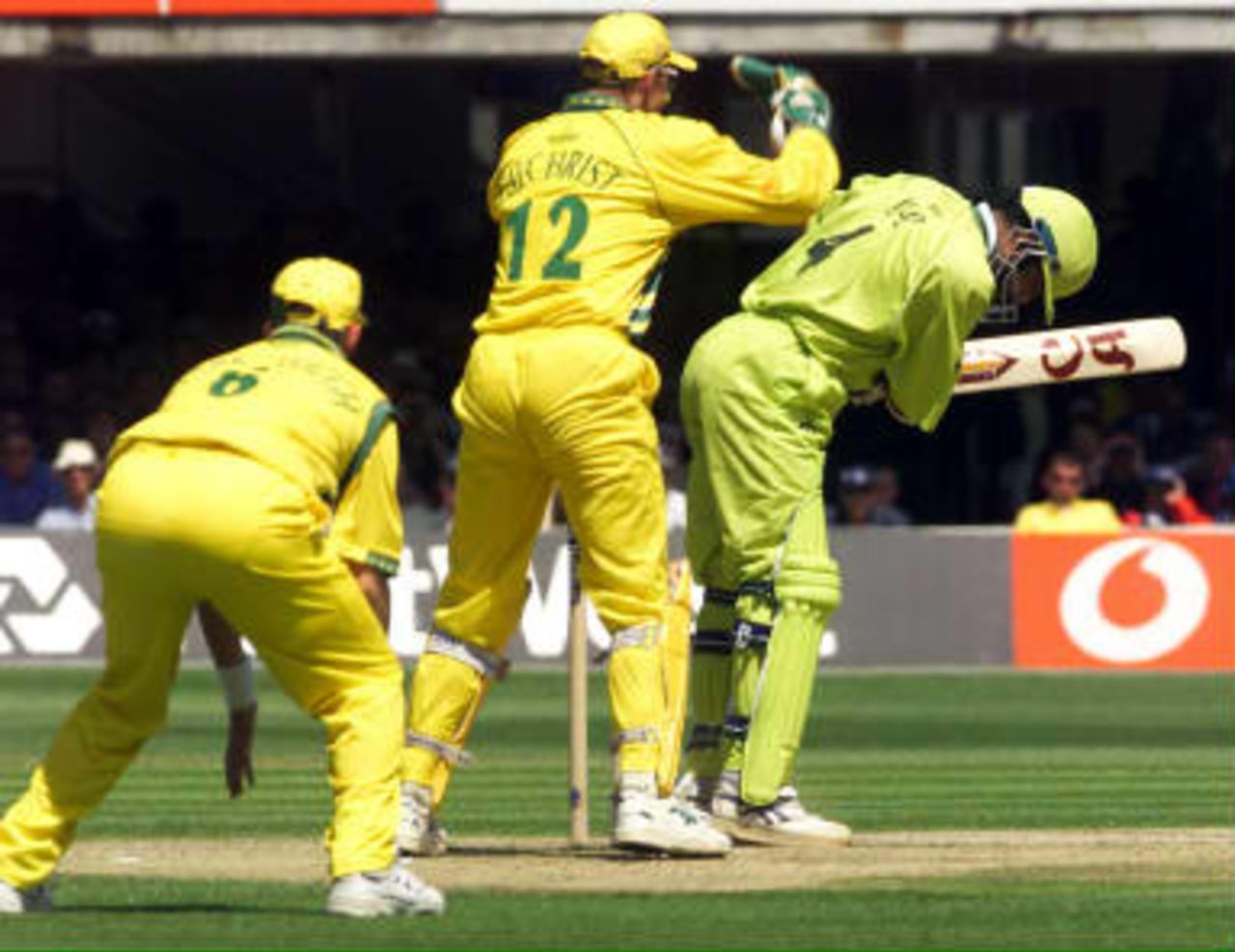 Pakistan's Ijaz Ahmed is out off the bowling of Australia's Shane Warne 20 June 1999 during the Cricket World Cup final at Lord's, London