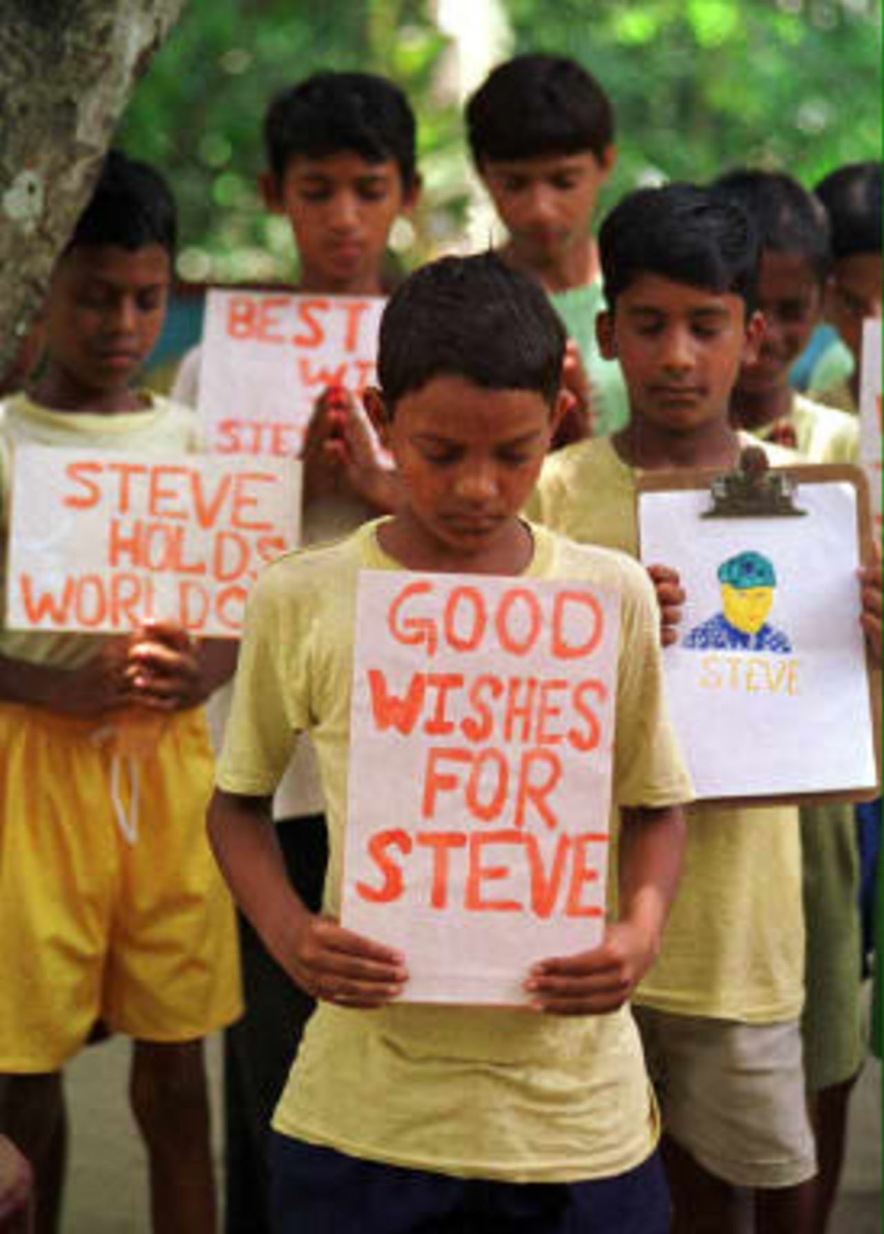 Destitute, leprosy stricken children in India pray for Steve Waugh (Australian captain) 20 June 1999, to do well in the match against Pakistan in the finals of the World Cup cricket being played in England. Waugh has been one of the main people behind the growth and maintenance of this home, run by 'Udayan', a non-governmental organization, and spent time with the children last year when he came on an Australian cricket tour to India.  He has also organized several fund raisers for the home