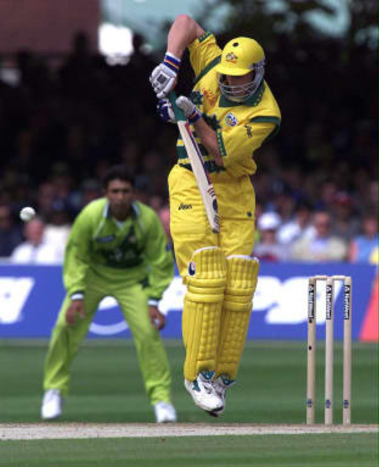 Australian opener Adam Gilchrist on his way to fifty in thirty-three balls against Pakistan in the World Cup Cricket final at Lord's 20 June 1999.
